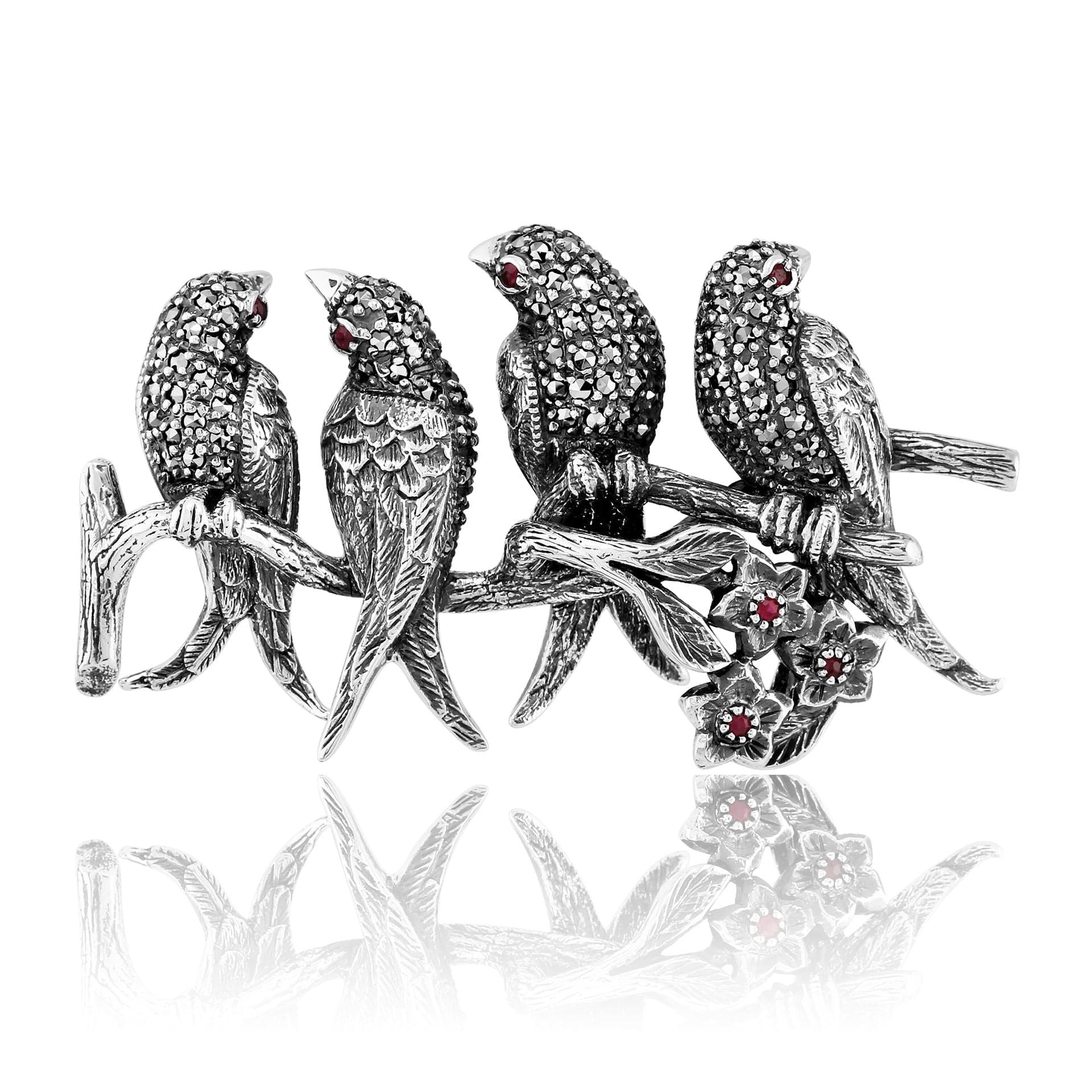22873 Art Nouveau Style Round Ruby & Marcasite Bird Brooch in 925 Sterling Silver 1