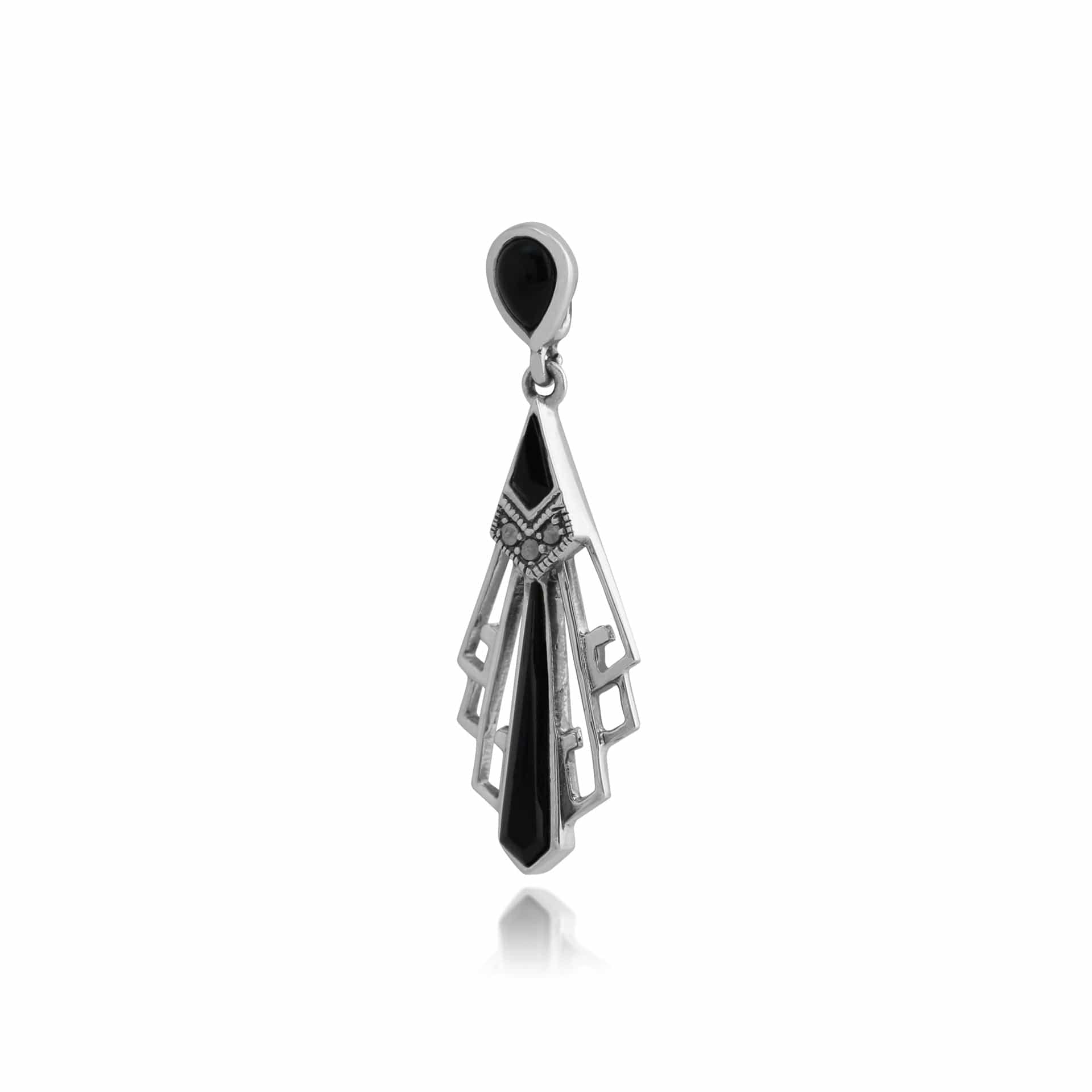 214P295701925 Art Deco Style Black Onyx & Marcasite Open Work Fan Drop Necklace in 925 Sterling Silver 2