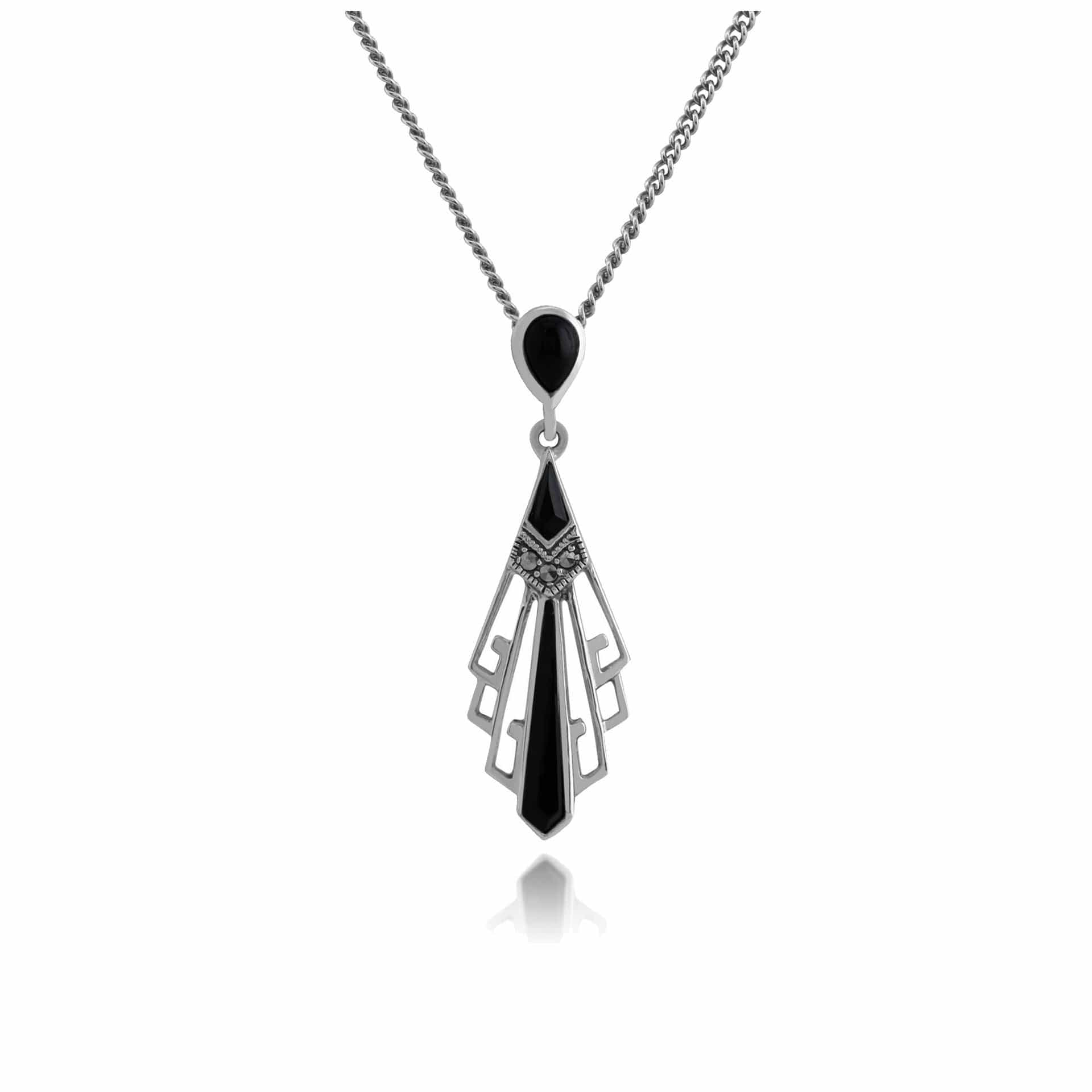 214P295701925 Art Deco Style Black Onyx & Marcasite Open Work Fan Drop Necklace in 925 Sterling Silver 1
