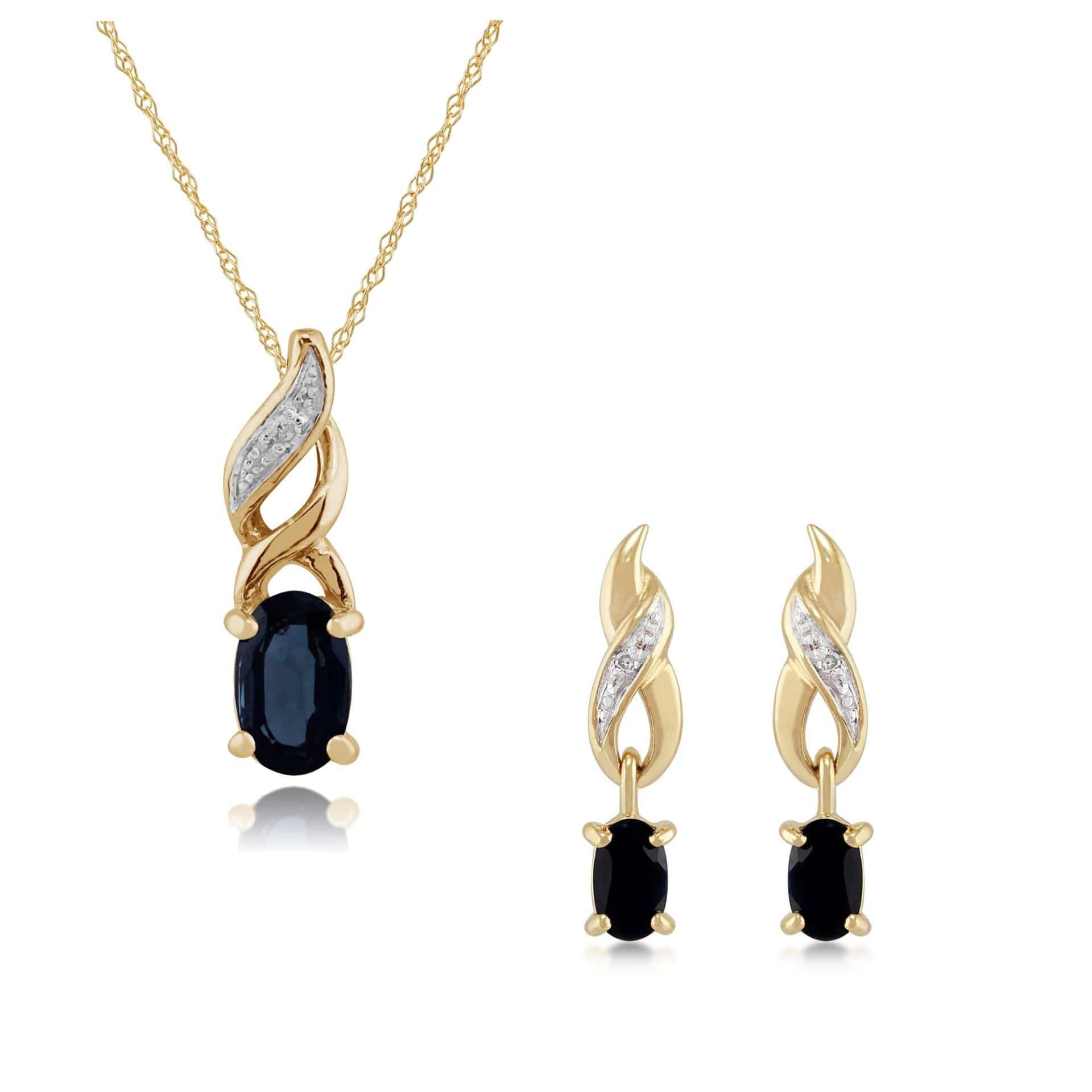 8727-135P1573049 Classic Oval Sapphire & Diamond Twist Drop Earrings & Pendant Set in 9ct Yellow Gold 1