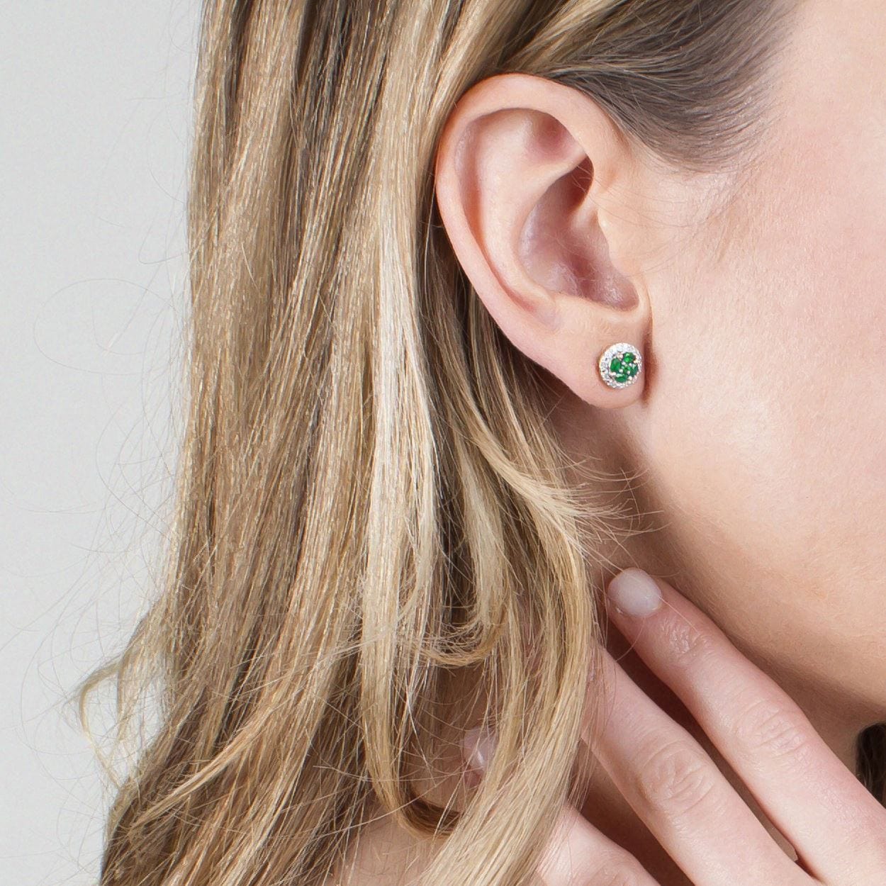 Classic Emerald & Diamond Halo Cluster Stud Earrings Image 3
