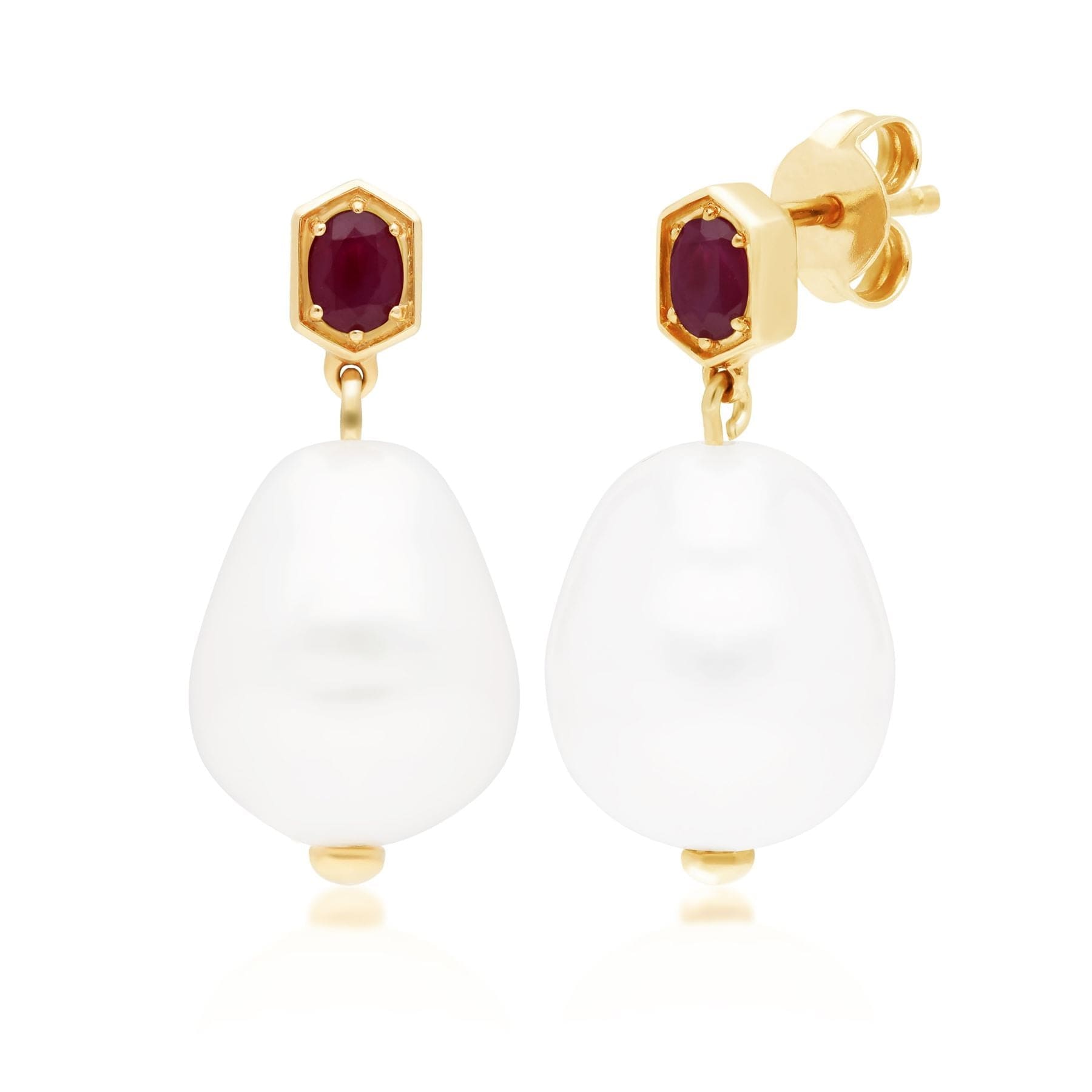 270E028203925 Modern Baroque Pearl & Ruby Drop Earrings in Gold Plated Silver 1