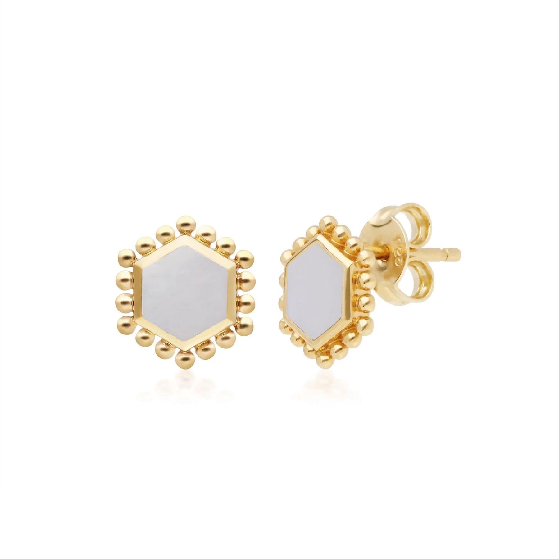 271E020704925 Mother of Pearl Flat Slice Hex Stud Earrings in Gold Plated Silver 1
