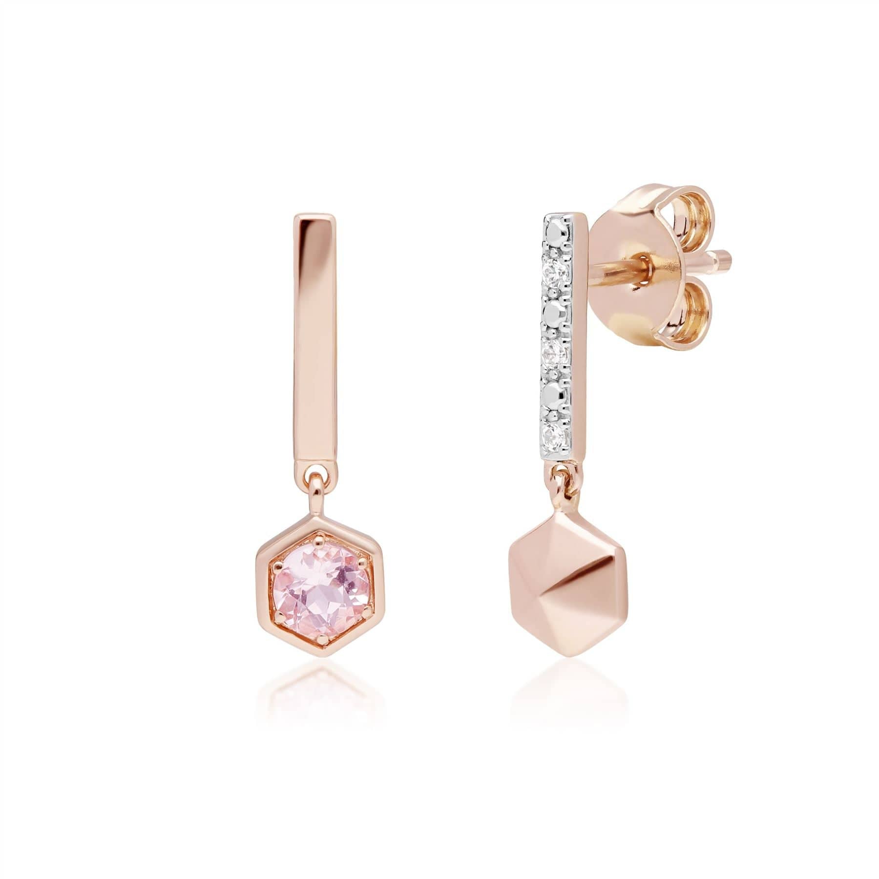 135E1637019 Micro Statement Mismatched Morganite & Diamond Drop Earrings in 9ct Rose Gold 4