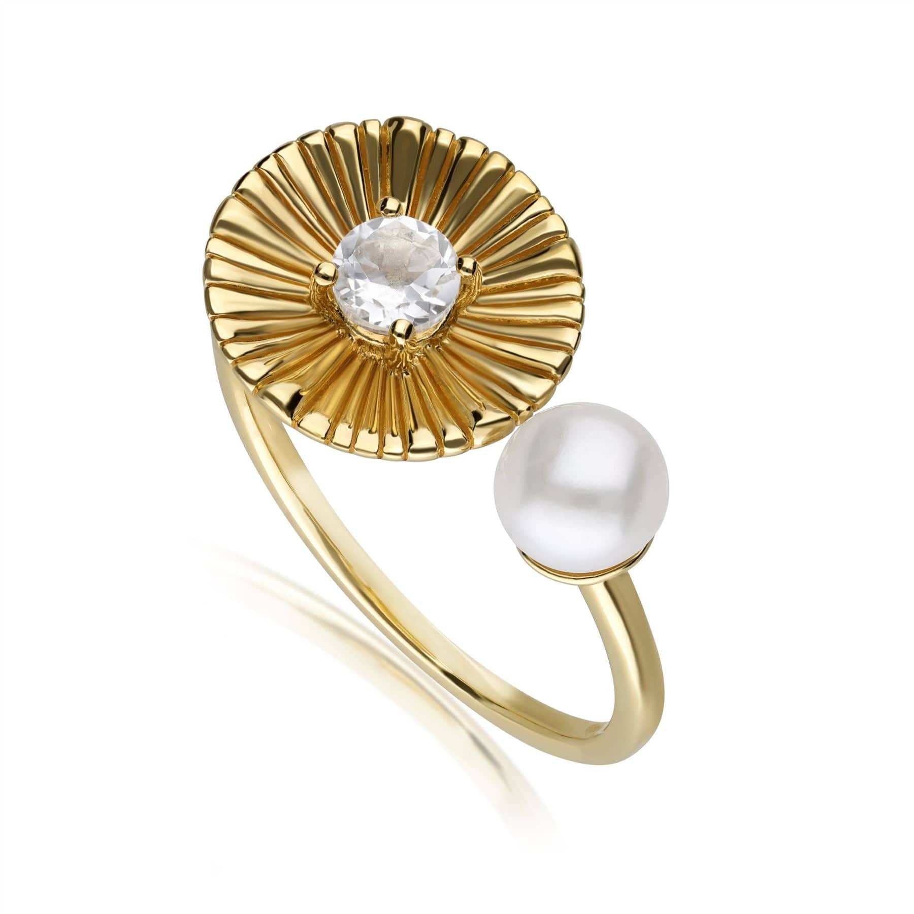 270R062501925 Caruso Pearl & White Topaz Floral Open Ring In Yellow Gold Plated Silver 1