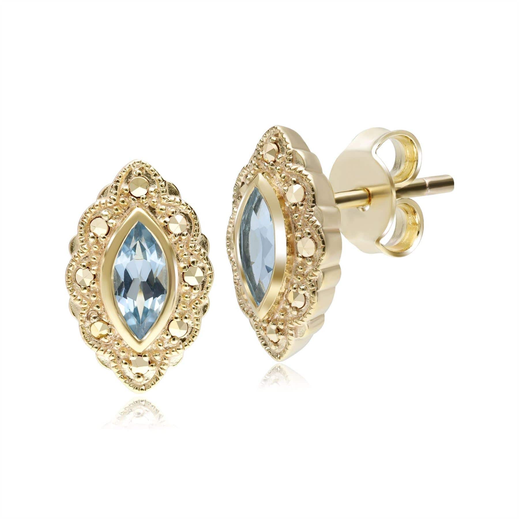 234E037401925 Marquise Blue Topaz & Marcasite Stud Earrings in 18ct Gold Plated Silver 1