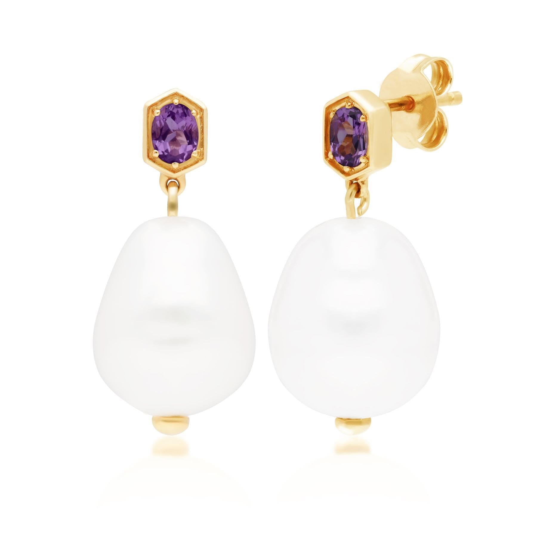 270E028205925 Modern Baroque Pearl & Amethyst Drop Earrings in Gold Plated Silver 1