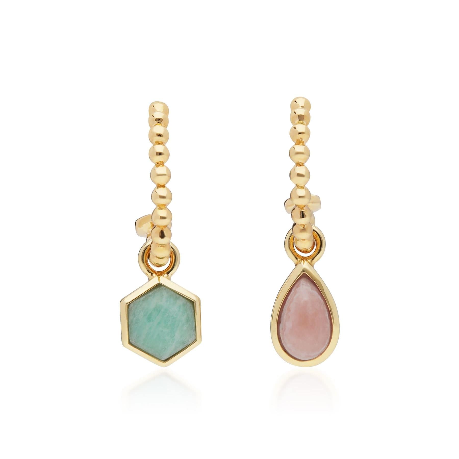 270E027401925 Micro Statement Rhodochrosite & Amazonite Mismatched Hoop Earrings In Yellow Gold Plated Silver 1