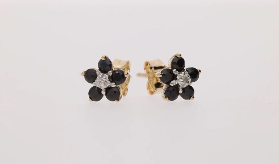 10115 Floral Round Sapphire & Diamond Cluster Stud Earrings in 9ct Yellow Gold 2