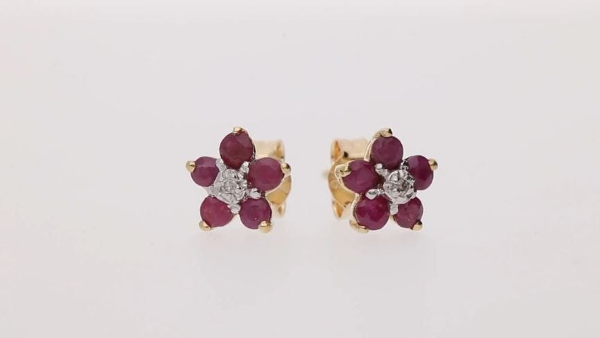 10116 Floral Round Ruby & Diamond Cluster Stud Earrings in 9ct Yellow Gold 2