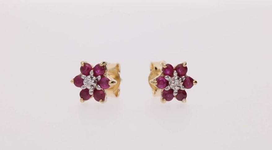 10190 Floral Round Ruby & Diamond Cluster Stud Earrings in 9ct Yellow Gold 2
