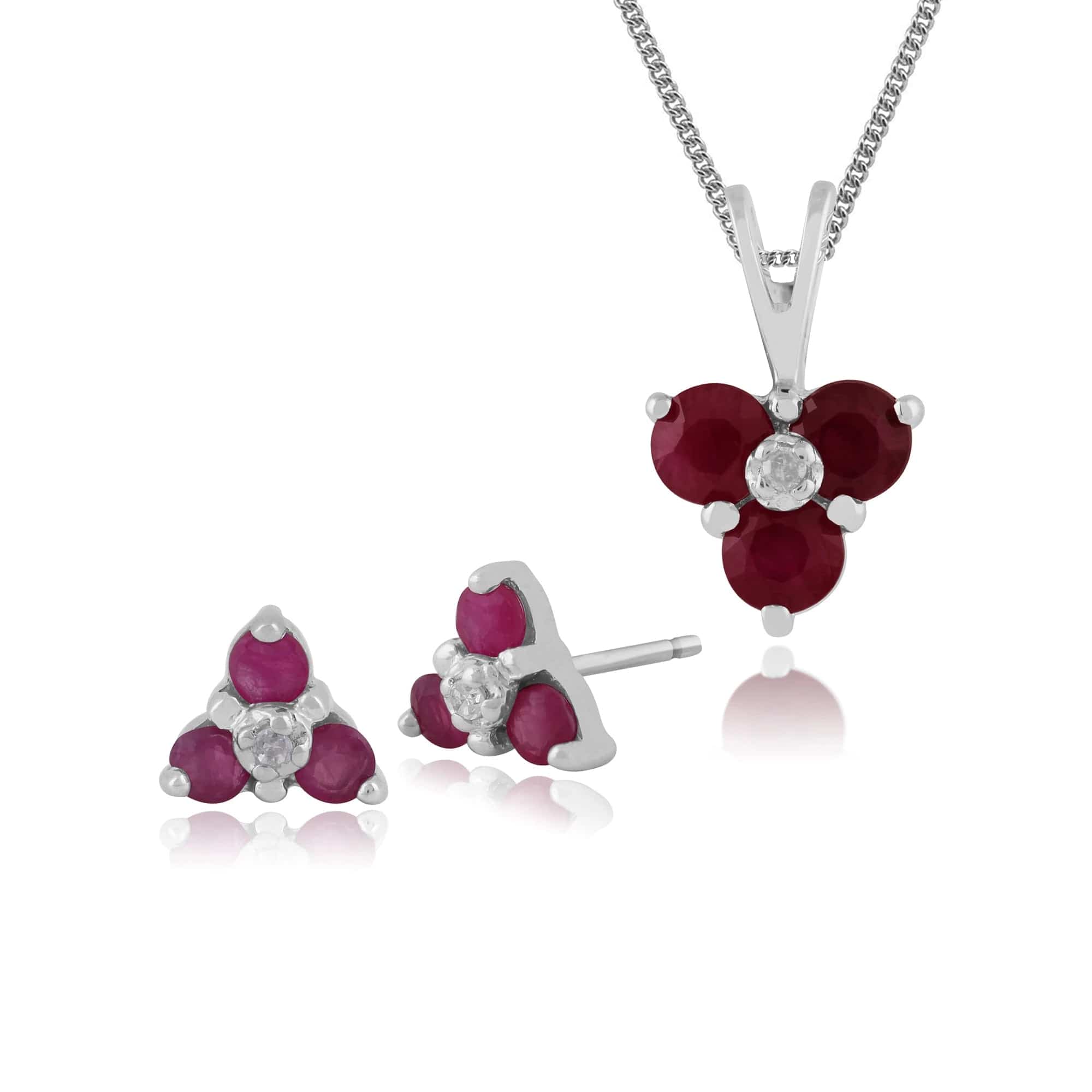 Floral Round Ruby & Diamond Flower Stud Earrings & Pendant Set in 9ct White Gold - Gemondo