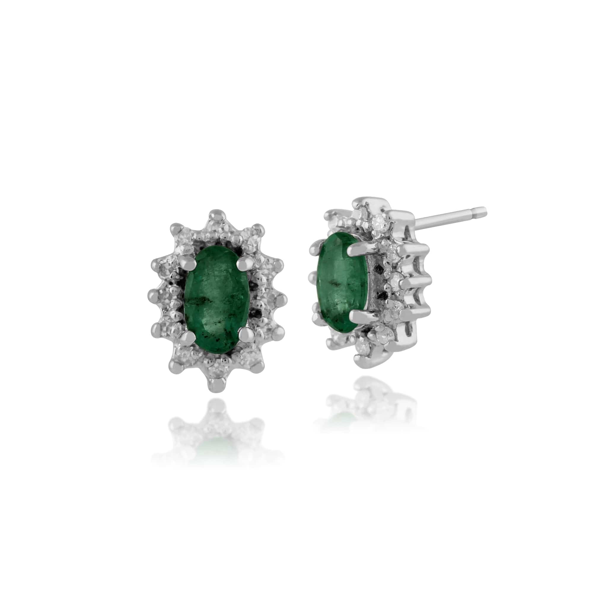 Classic Oval Emerald & Diamond Cluster Stud Earrings in 9ct White Gold - Gemondo