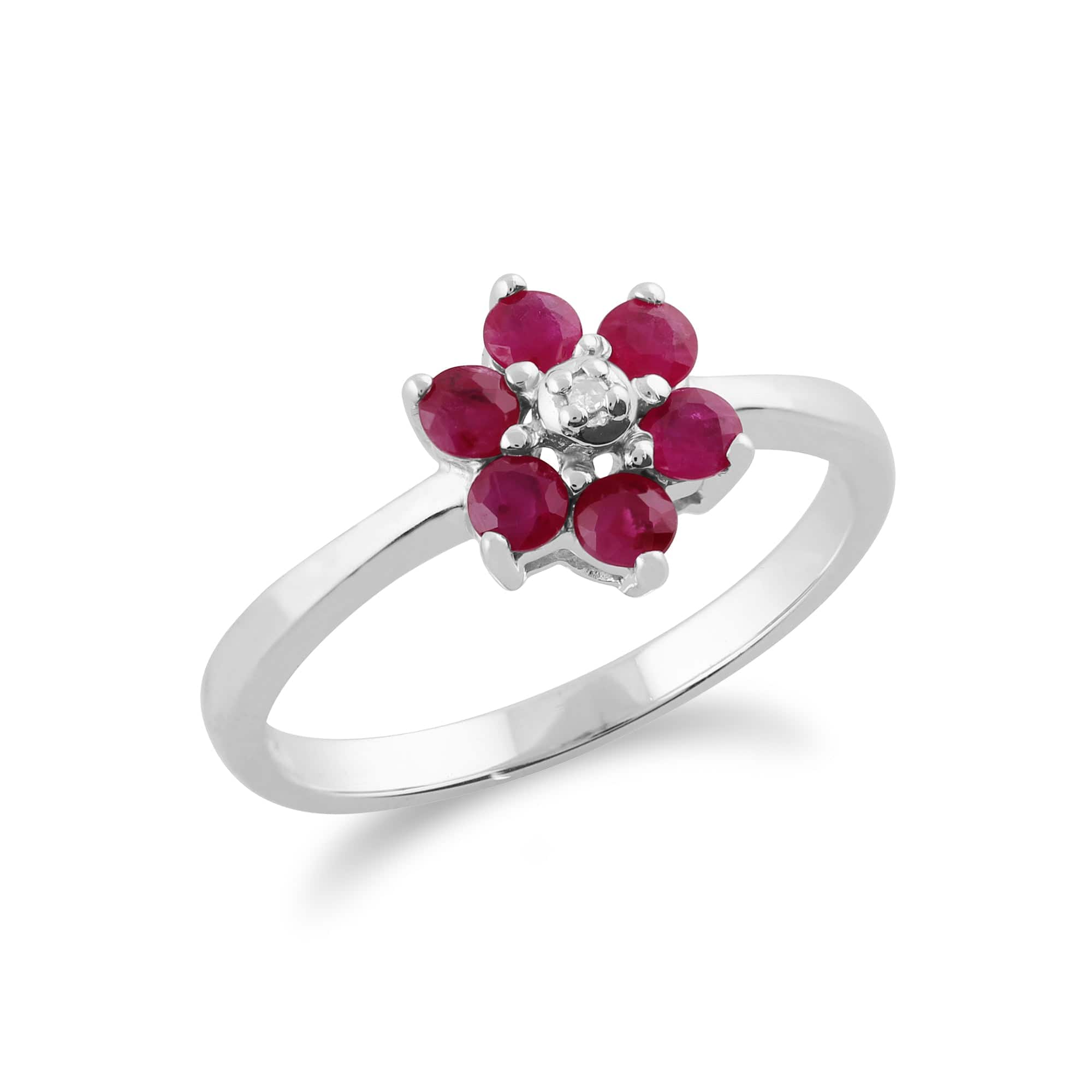 Floral Round Ruby & Diamond Cluster Ring in 9ct White Gold - Gemondo