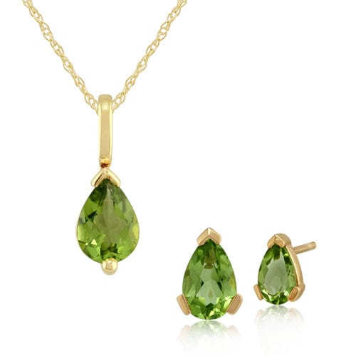 22448-22555 Classic Pear Peridot Single Stone Stud Earrings & Pendant Set in 9ct Yellow Gold 1