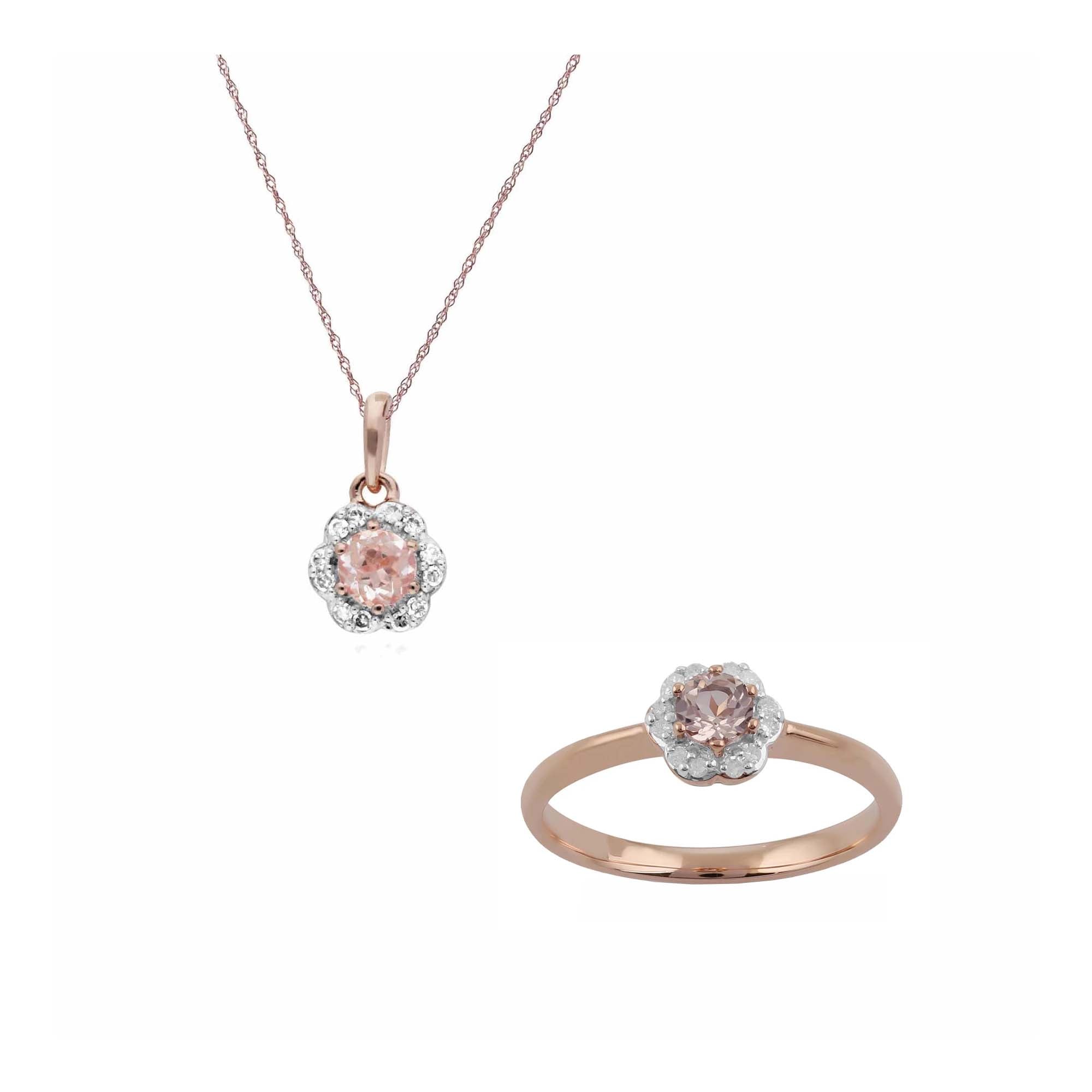 Floral Round Morganite & Diamond Pendant & Ring Set in 9ct Rose Gold - Gemondo