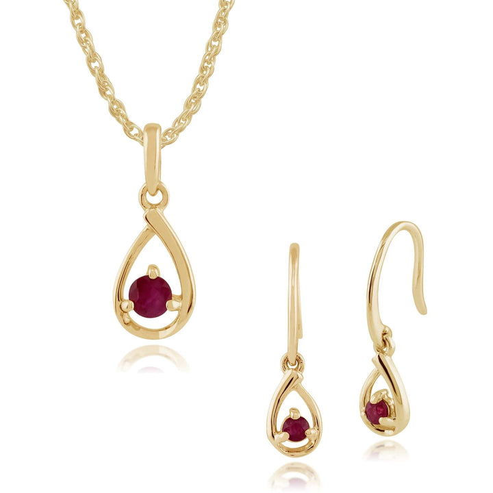 135E1190029-135P1551029 Classic Round Ruby  9ct Yellow Gold Drop Earrings & Pendant Set 1