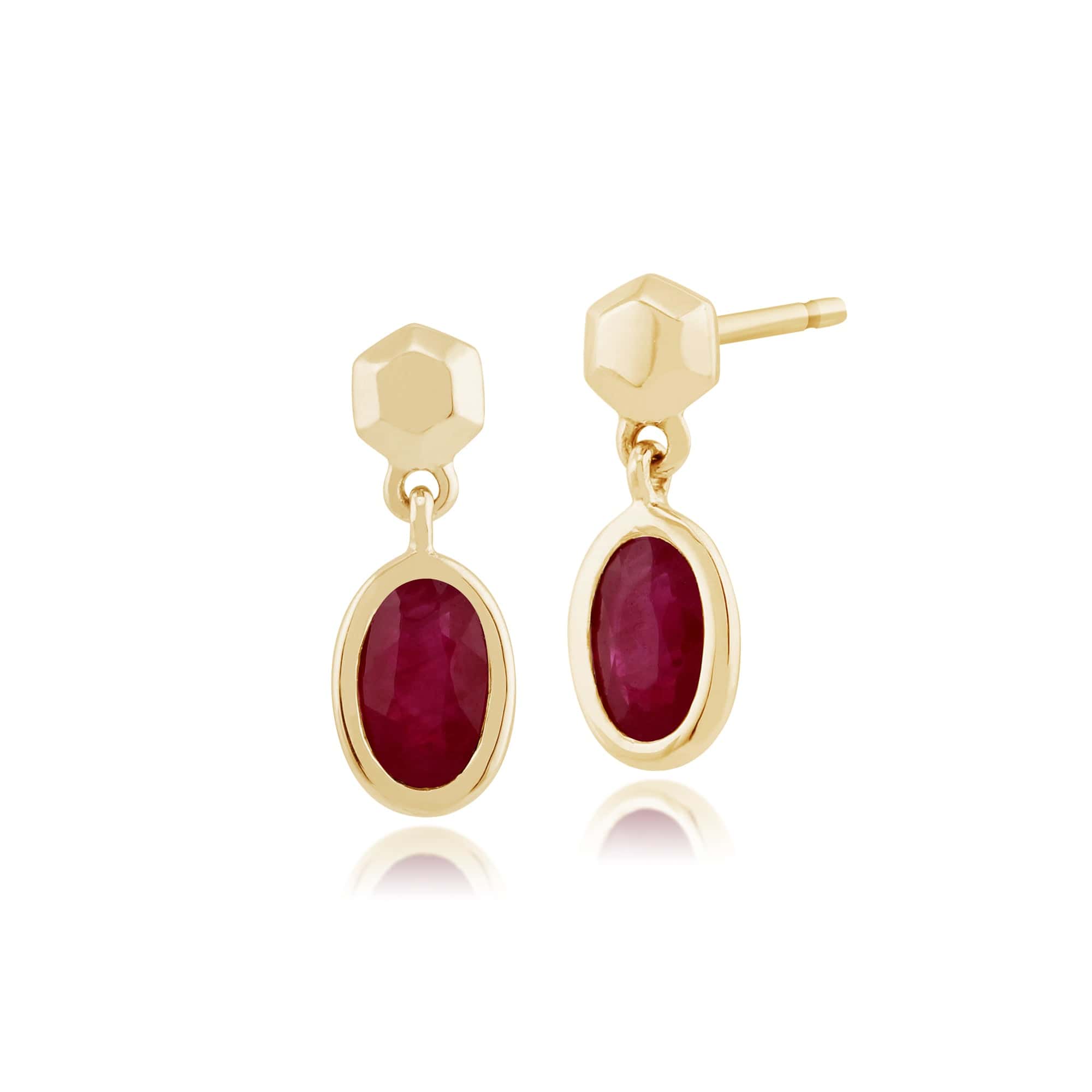 Classic Oval Ruby Bezel Set Drop Earrings in 9ct Yellow Gold - Gemondo