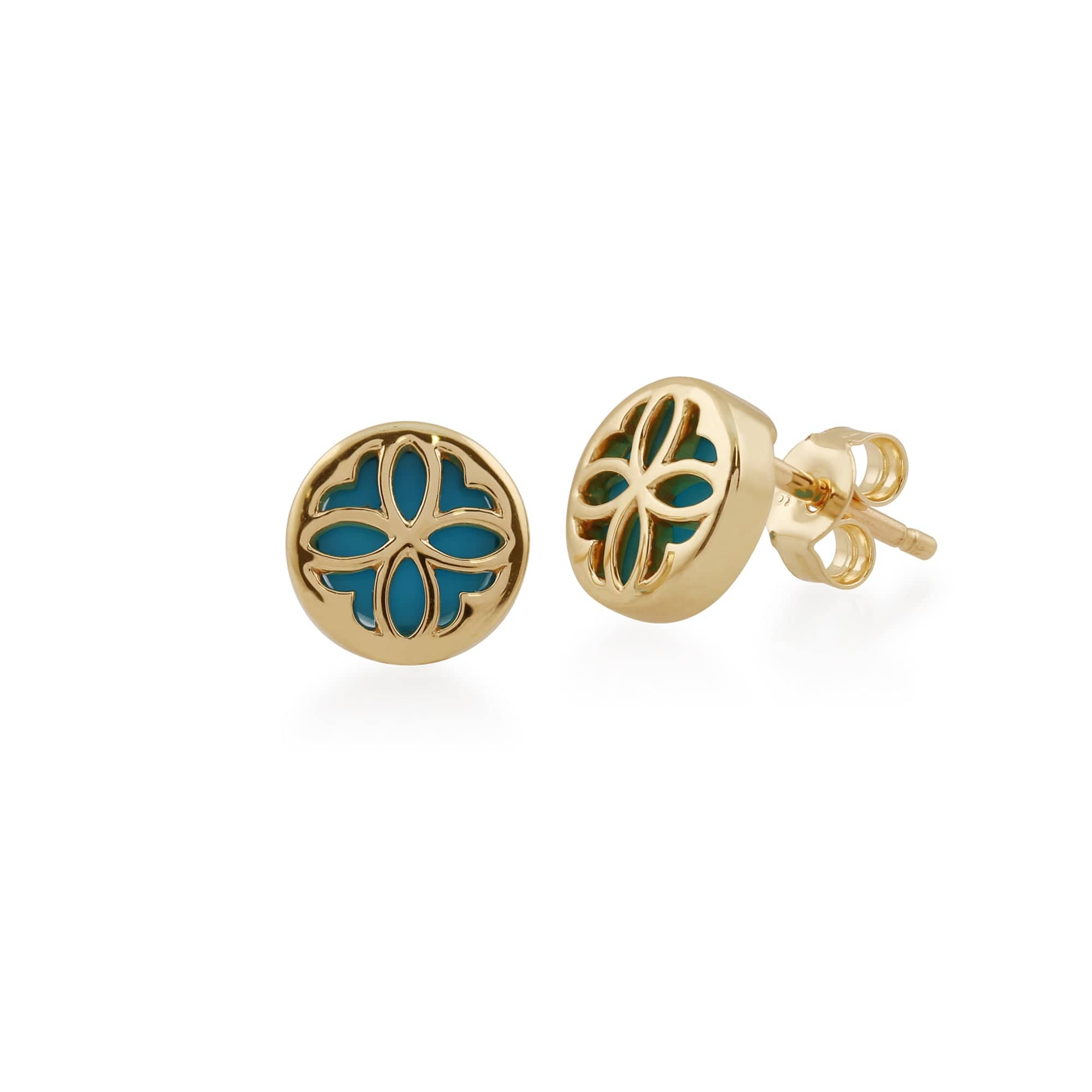 Art Nouveau Style Round Turquoise Floral Pattern Overlay Stud Earrings in 9ct Yellow Gold - Gemondo