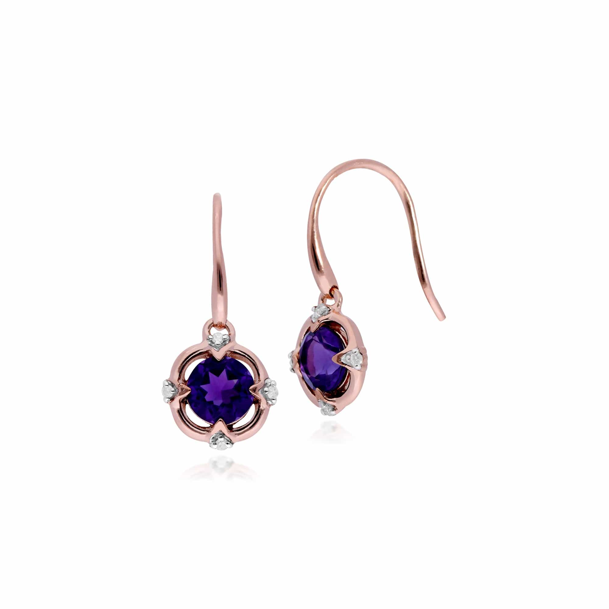 Classic Round Amethyst & Diamond Quarterfoil Drop Earrings in 9ct Rose Gold - Gemondo