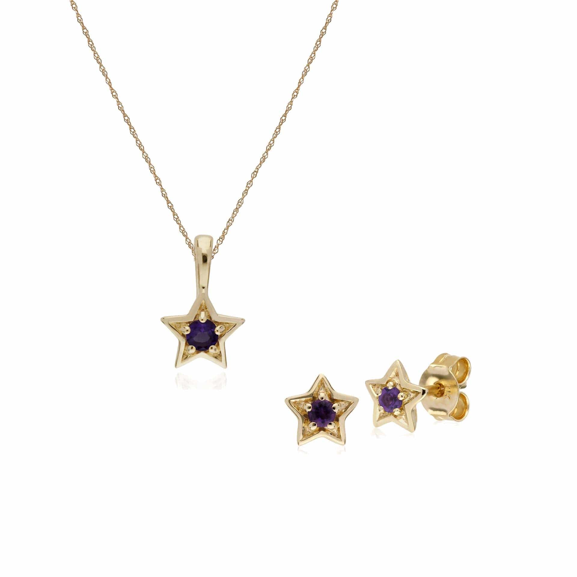 135E1523059-135P1874059 Contemporary Round Amethyst Single Stone Star Earrings & Necklace Set in 9ct Yellow Gold 1
