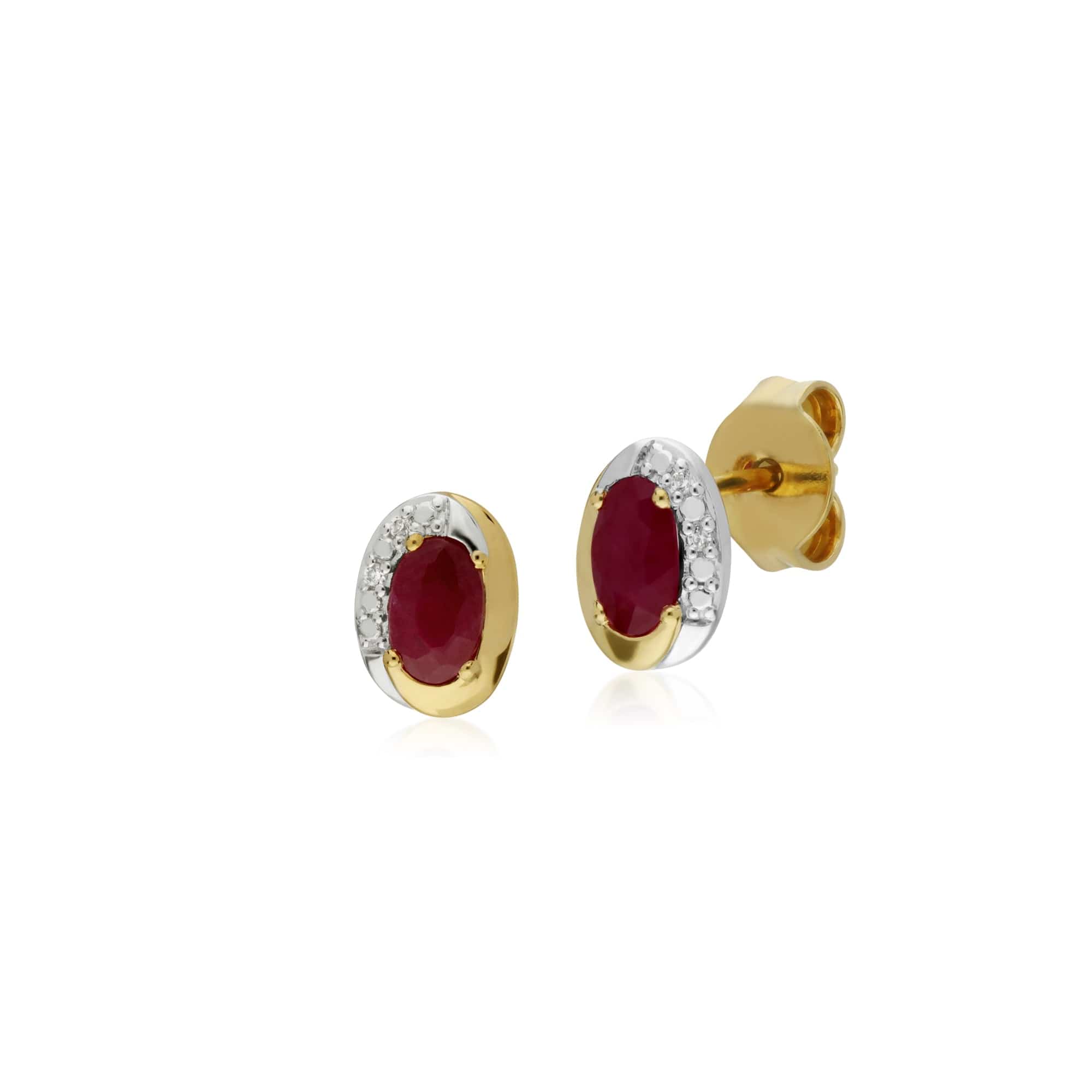 Classic Oval Ruby & Diamond Stud Earrings in Two Tone 9ct Yellow Gold - Gemondo