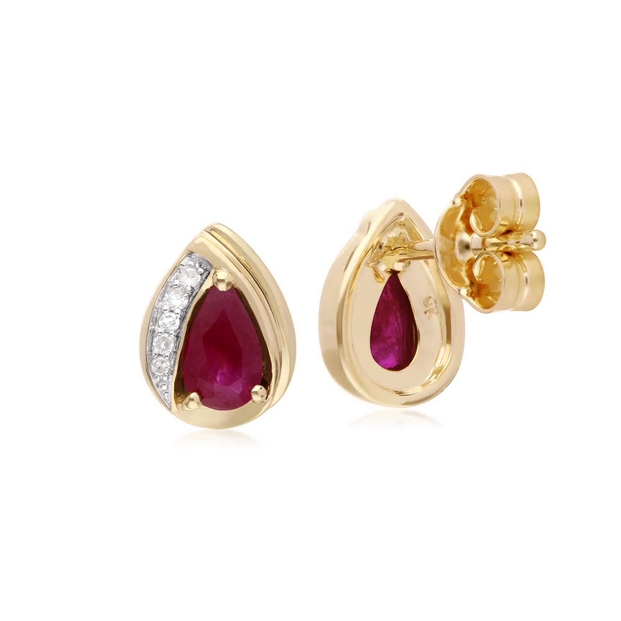 135E1575019 Classic Pear Ruby & Diamond Tear Drop Stud Earrings in 9ct Yellow Gold 2