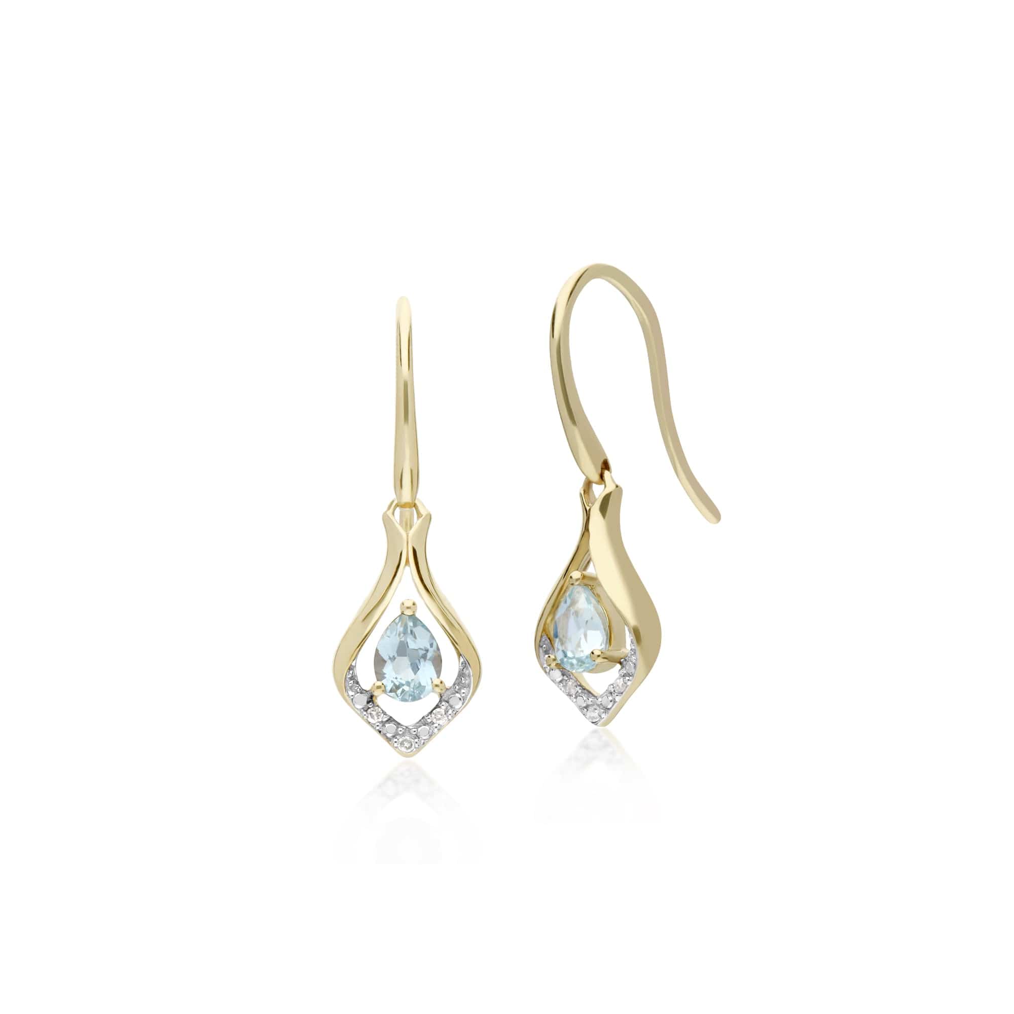 135E1577049 Classic Pear Aquamarine & Diamond Leaf Halo Drop Earrings in 9ct Gold 1