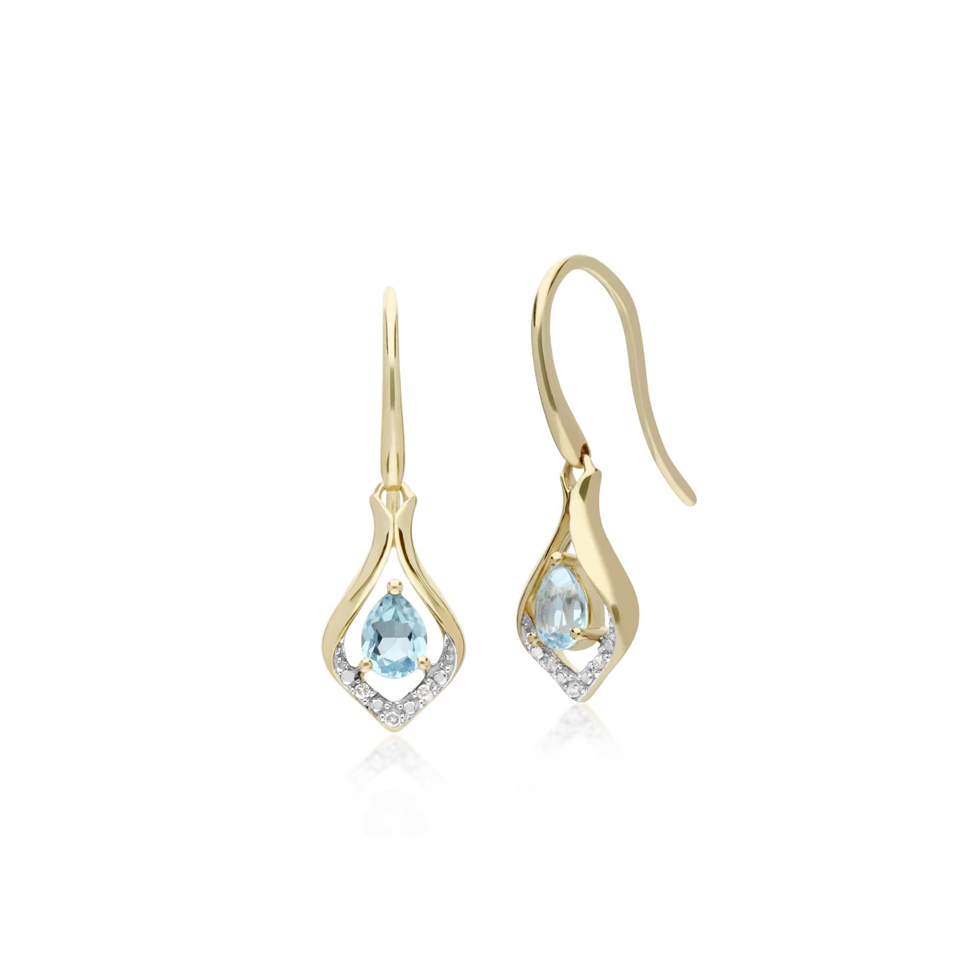 135E1577069 Classic Pear Blue Topaz & Diamond Leaf Halo Drop Earrings in 9ct Yellow Gold 1