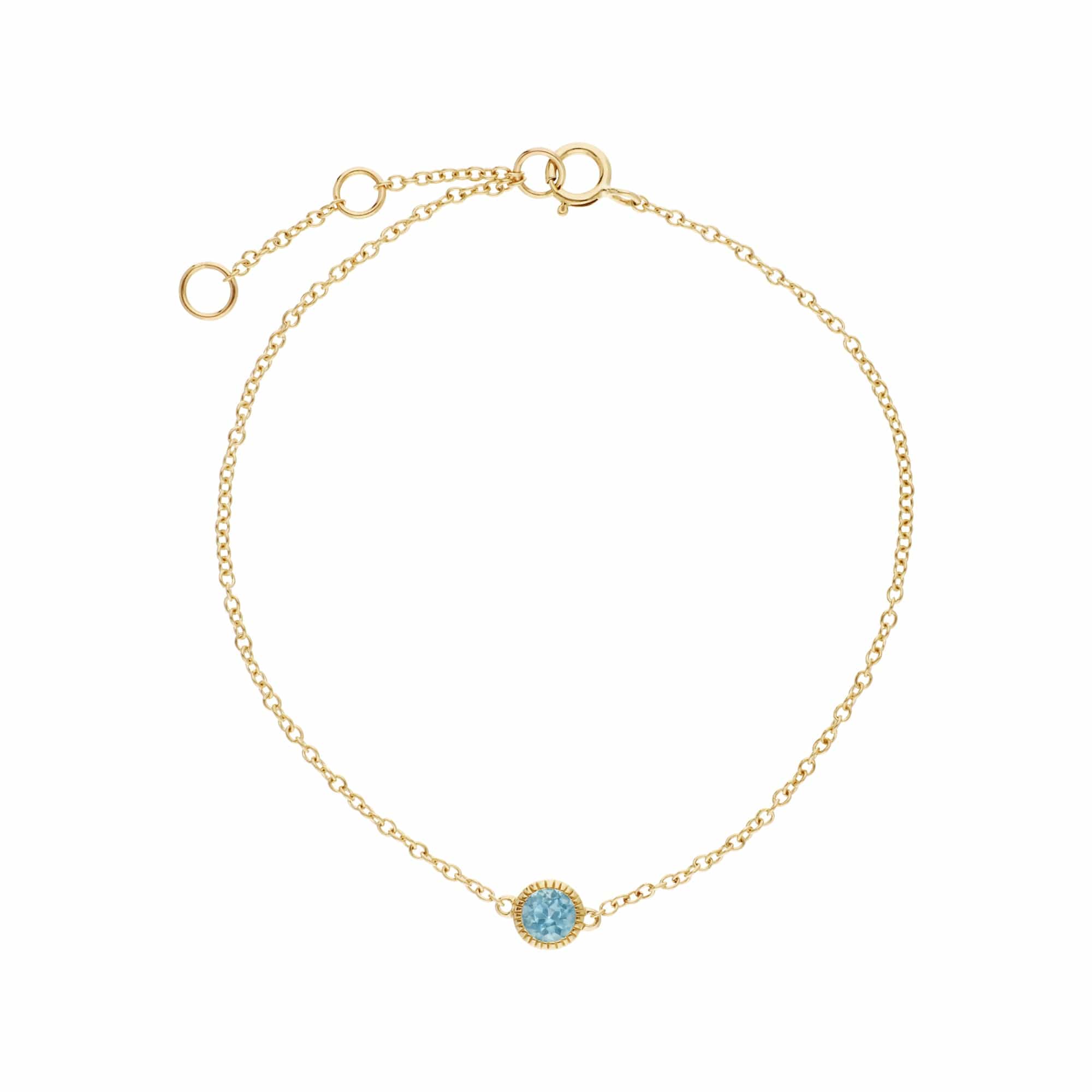 135L0288059 Classic Single Stone Round Blue Topaz Milgrain Bracelet in 9ct Yellow Gold 2