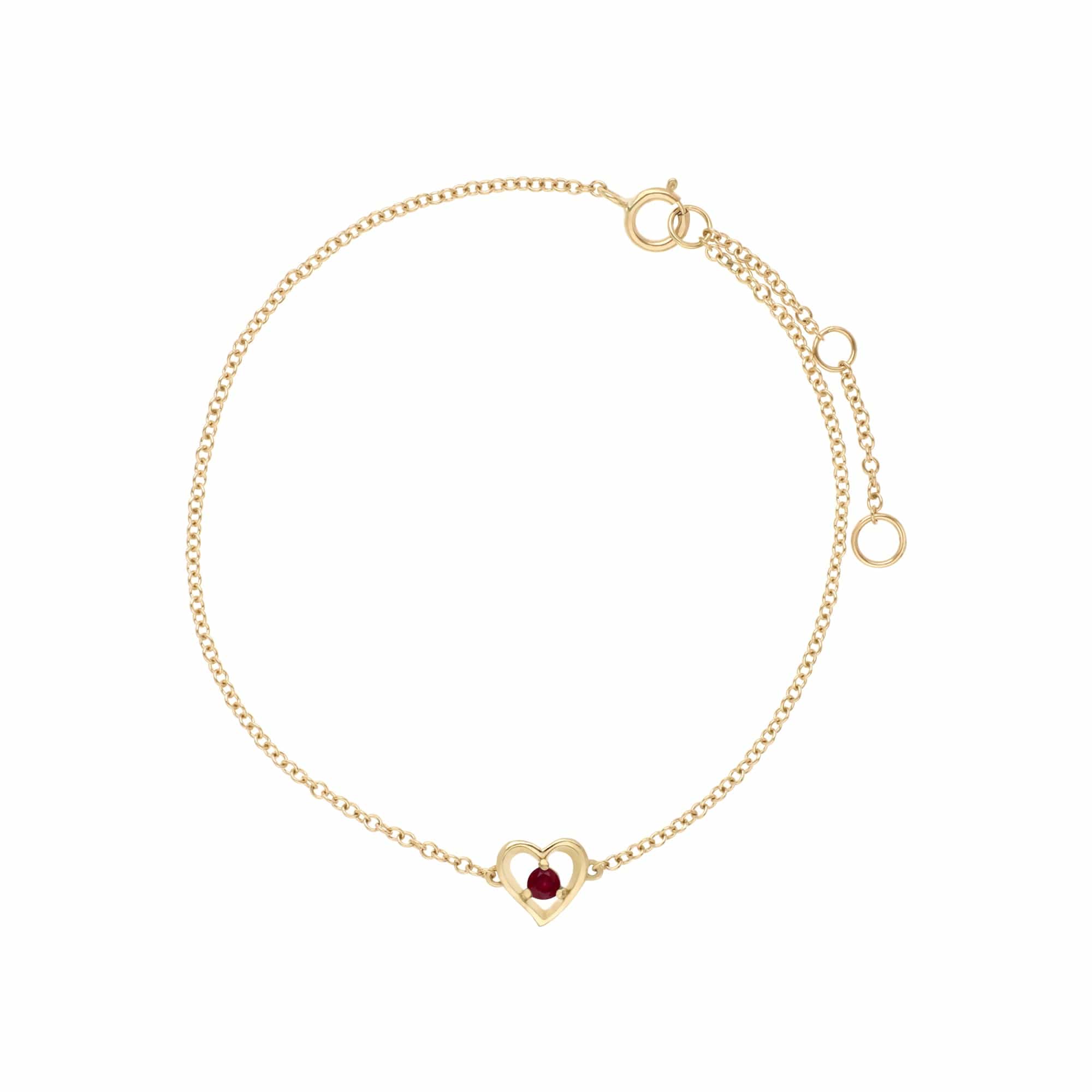 135L0290019 Classic Single Stone Round Ruby Love Heart Bracelet in 9ct Yellow Gold 1