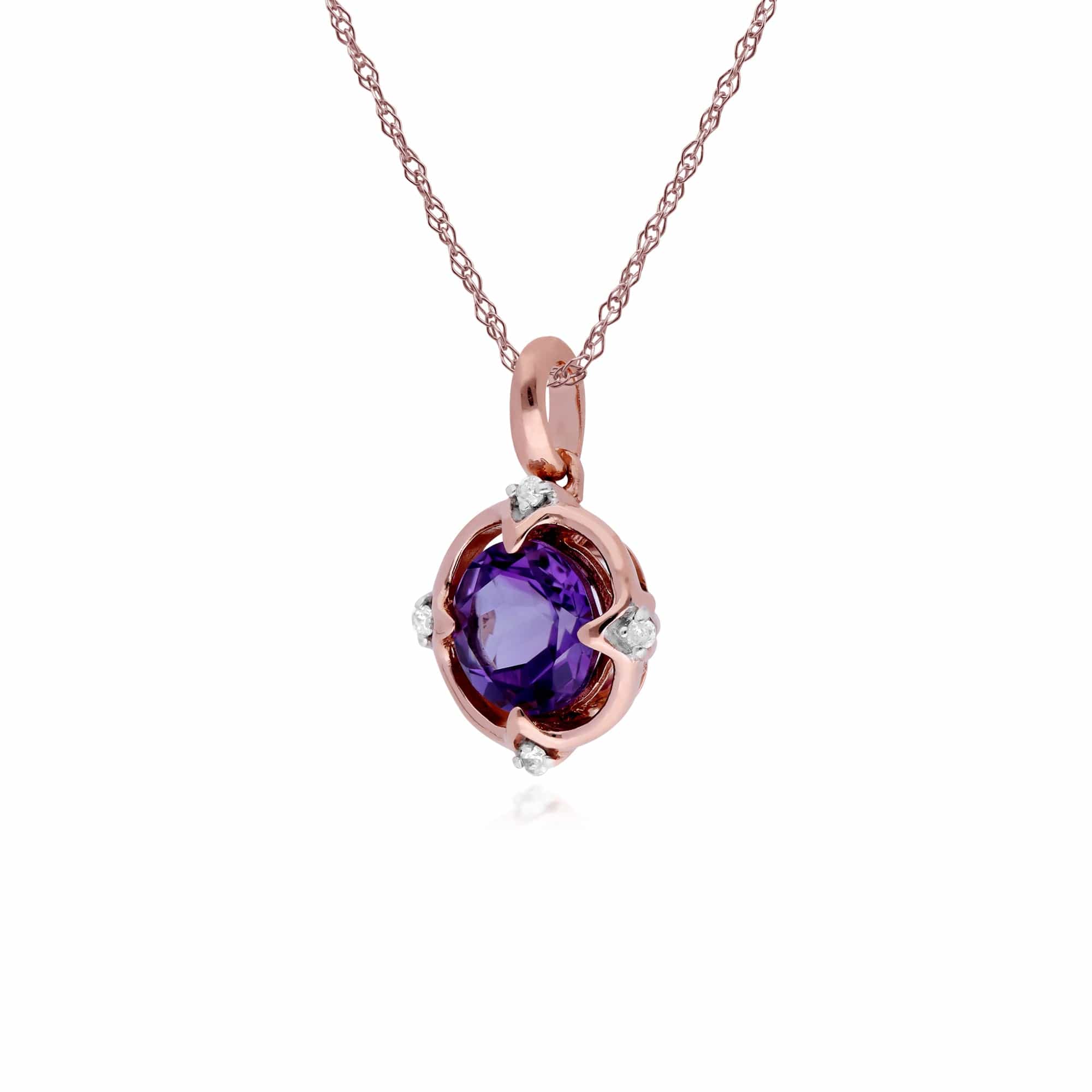 Classic Round Amethyst & Diamond Quarterfoil Pendant in 9ct Rose Gold - Gemondo