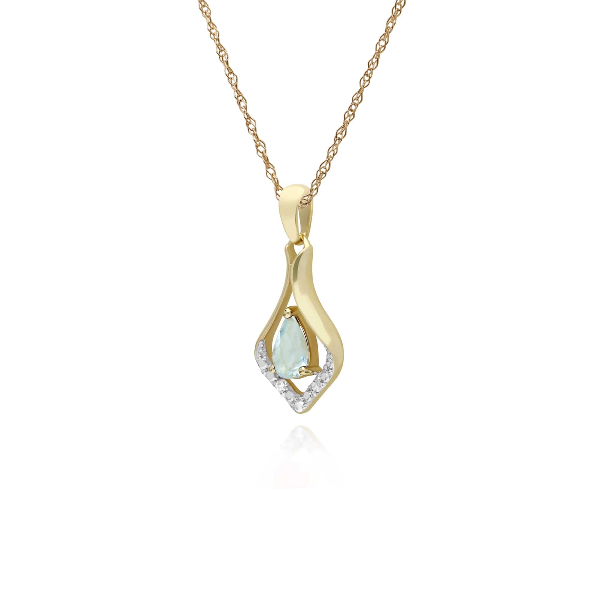 135P1915049 Classic Pear Aquamarine & Three Diamond Leaf Halo Pendant in 9ct Yellow Gold 2
