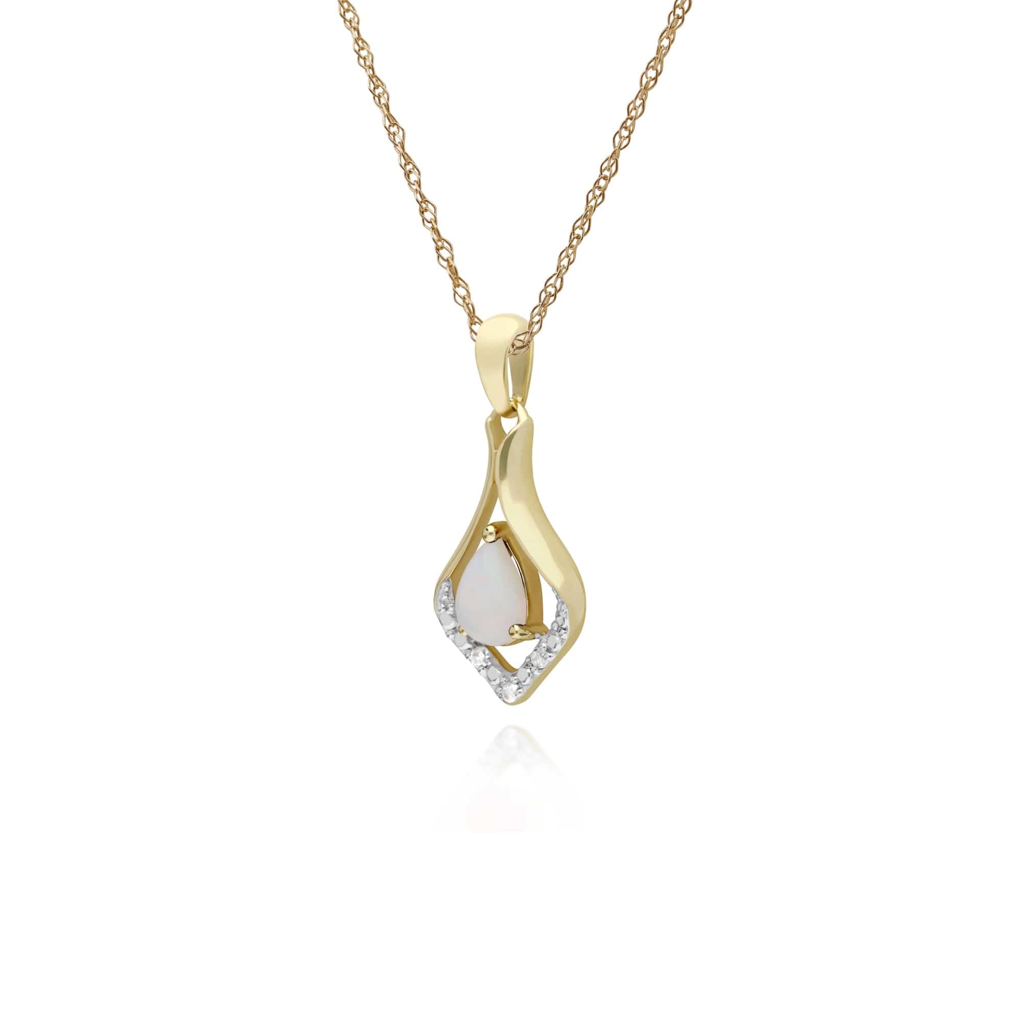 Classic Pear Opal & Three Diamond Leaf Halo Pendant in 9ct Yellow Gold - Gemondo