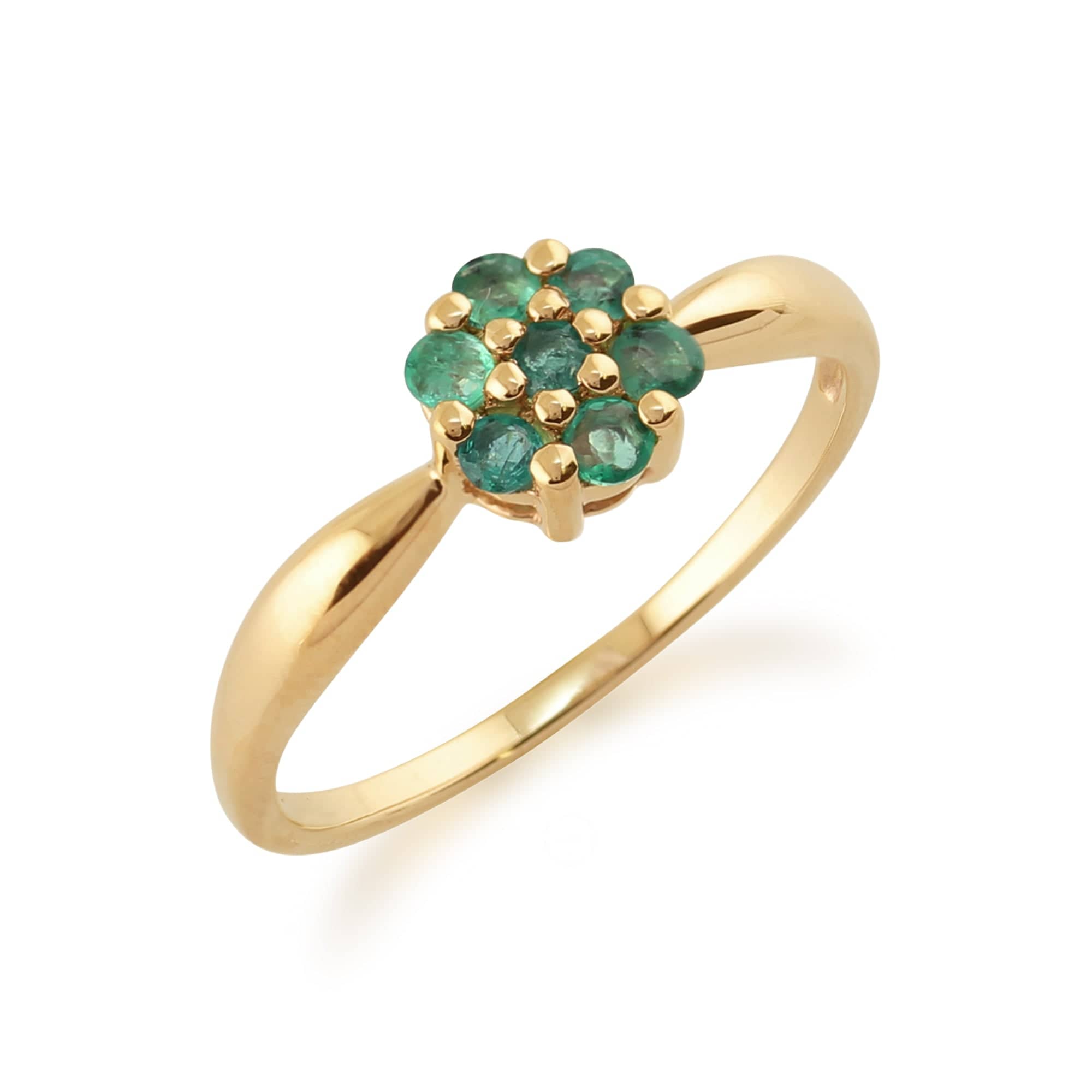 Floral Round Emerald Cluster Ring in 9ct Yellow Gold - Gemondo