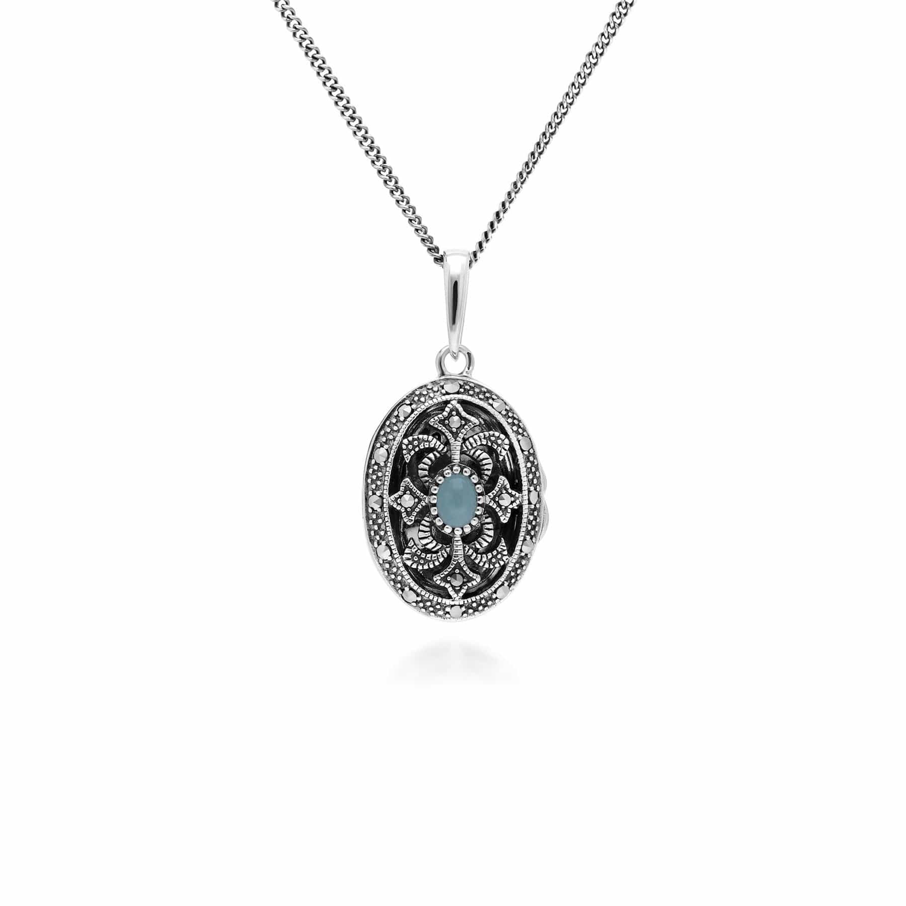 214N716210925 Art Nouveau Style Oval Dyed Green Jade & Marcasite Locket Necklace in 925 Sterling Silver 1
