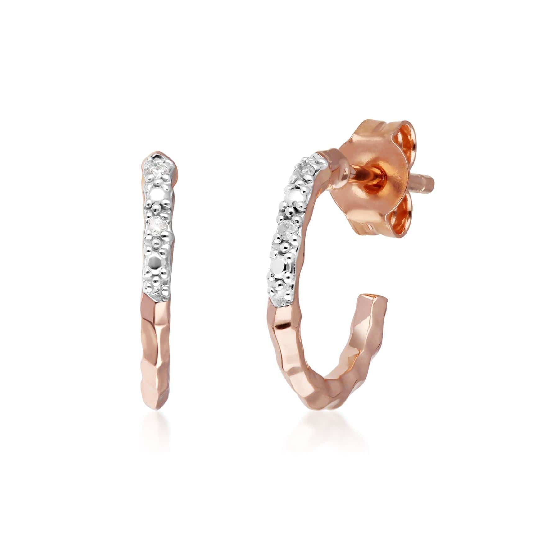 191E0406019 Diamond Pavé Hammered Mini Hoop Earrings in 9ct Rose Gold 1