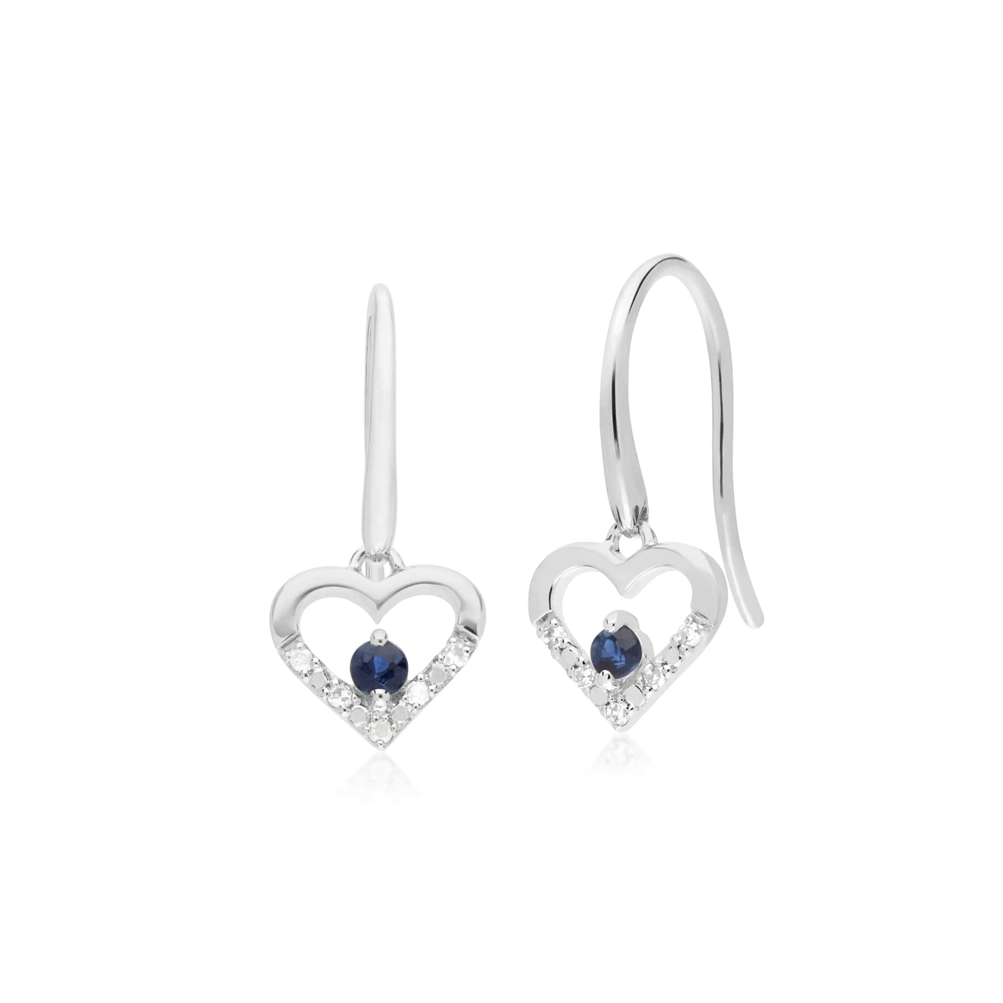 Classic Round Sapphire & Diamond Love Heart Shaped Drop Earrings in 9ct White Gold - Gemondo