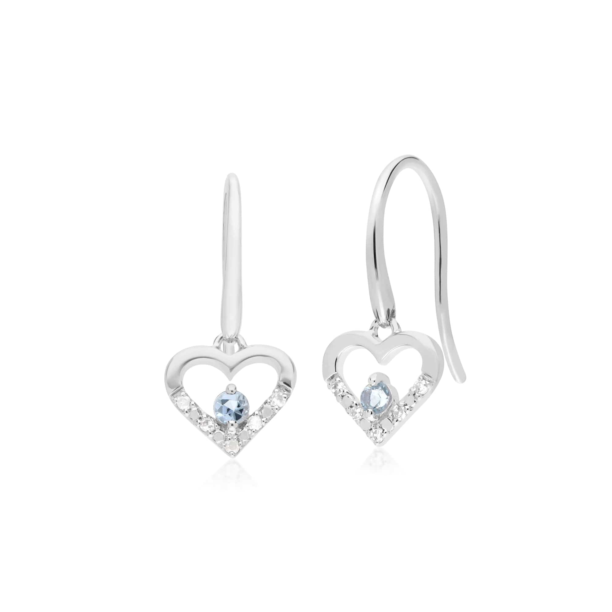 Classic Round Aquamarine & Diamond Love Heart Shaped Drop Earrings in 9ct White Gold - Gemondo