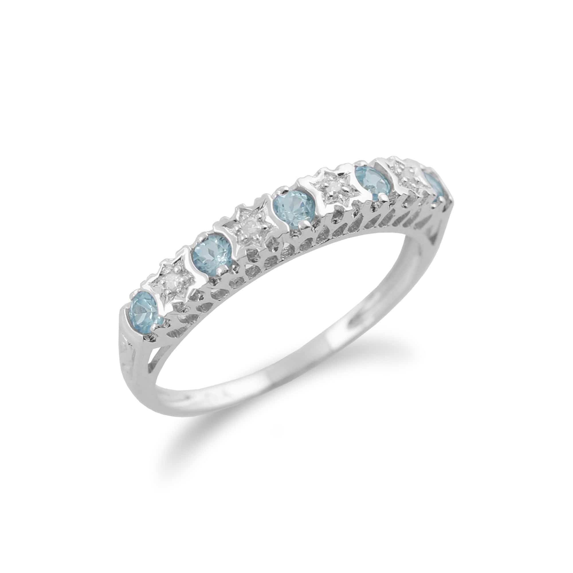 Classic Round Blue Topaz & Diamond Half Eternity Ring in 9ct White Gold - Gemondo