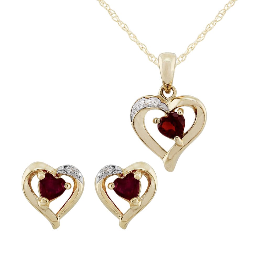 16673-22659 Classic Heart Garnet & Diamond Heart Stud Earrings & Pendant Set in 9ct Gold 1