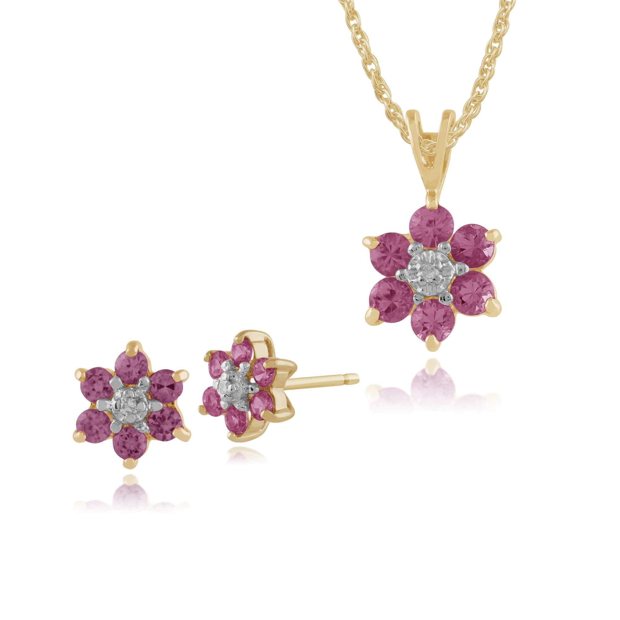 Floral Pink Sapphire & Diamond Cluster Stud Earrings & Pendant Set Image 1