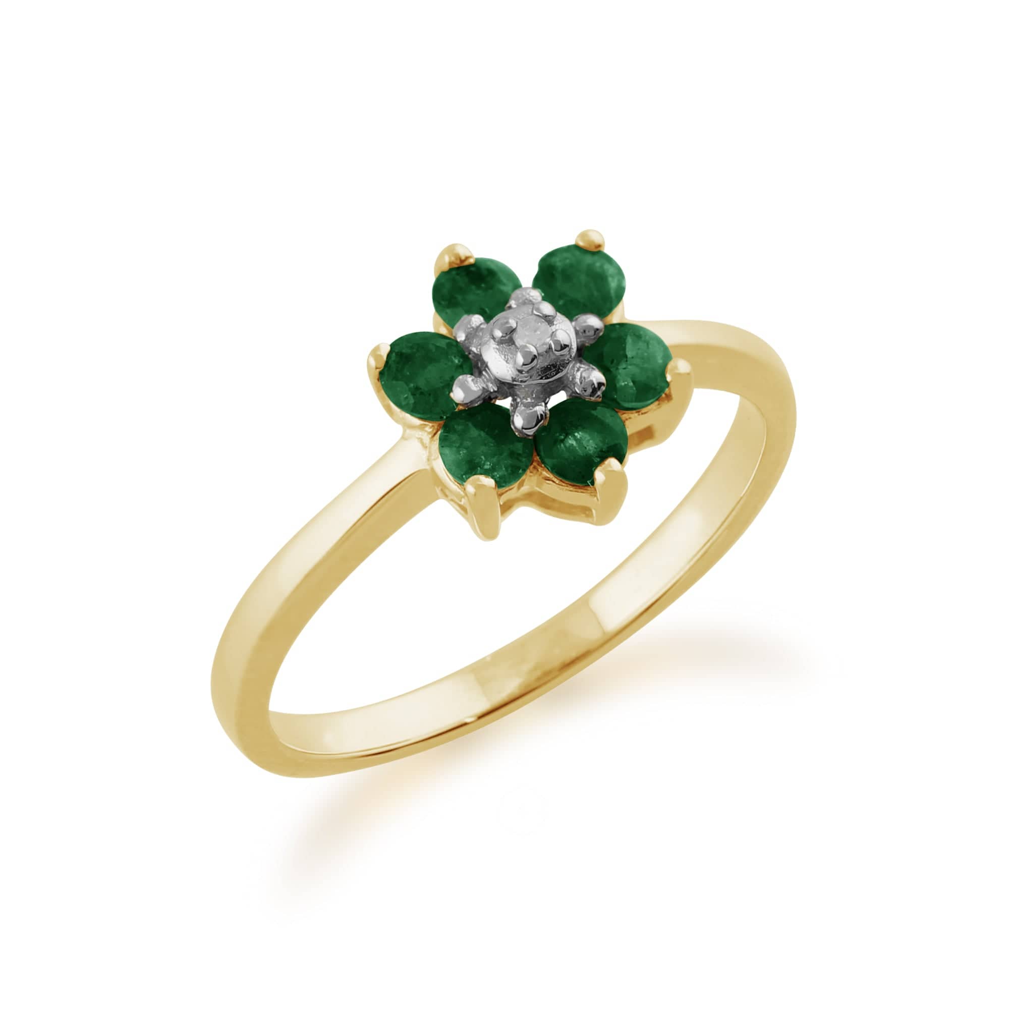 Floral Round Emerald & Diamond Cluster Ring in 9ct Yellow Gold - Gemondo