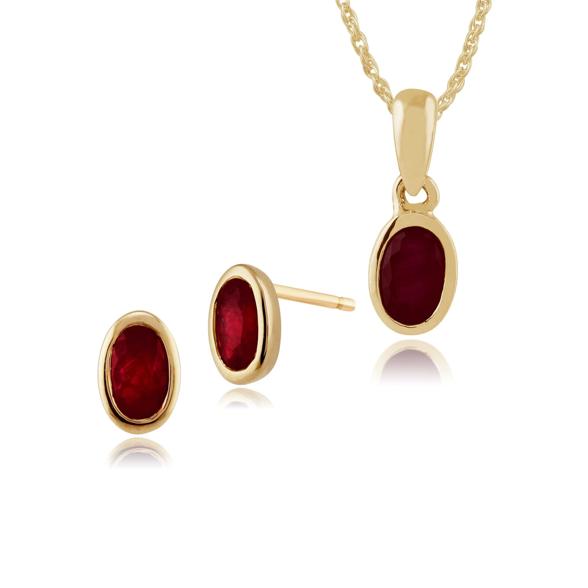 183E0670069-183P1120039 Classic Oval Ruby Single Stone Bezel Stud Earrings & Pendant Set in 9ct Yellow Gold 1