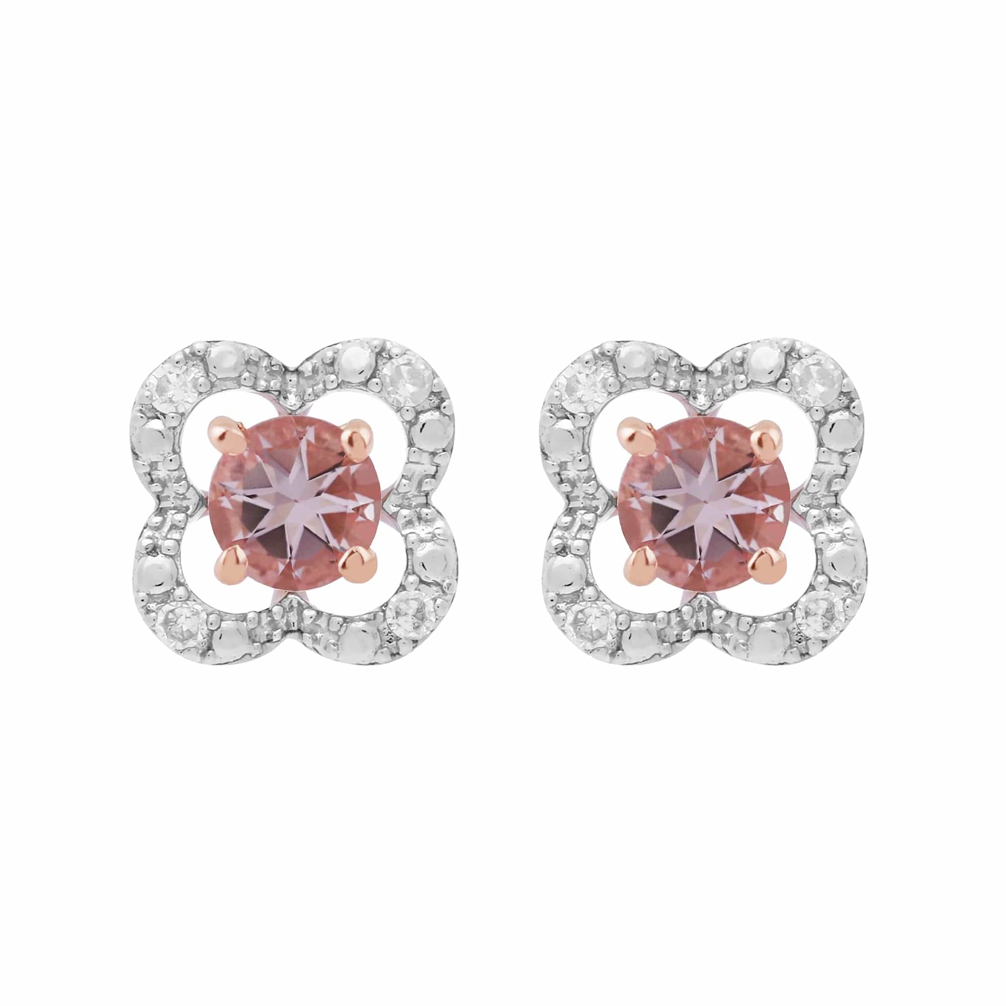 Classic Round Morganite Stud Earrings with Detachable Diamond Flower Jacket in 9ct Rose Gold - Gemondo