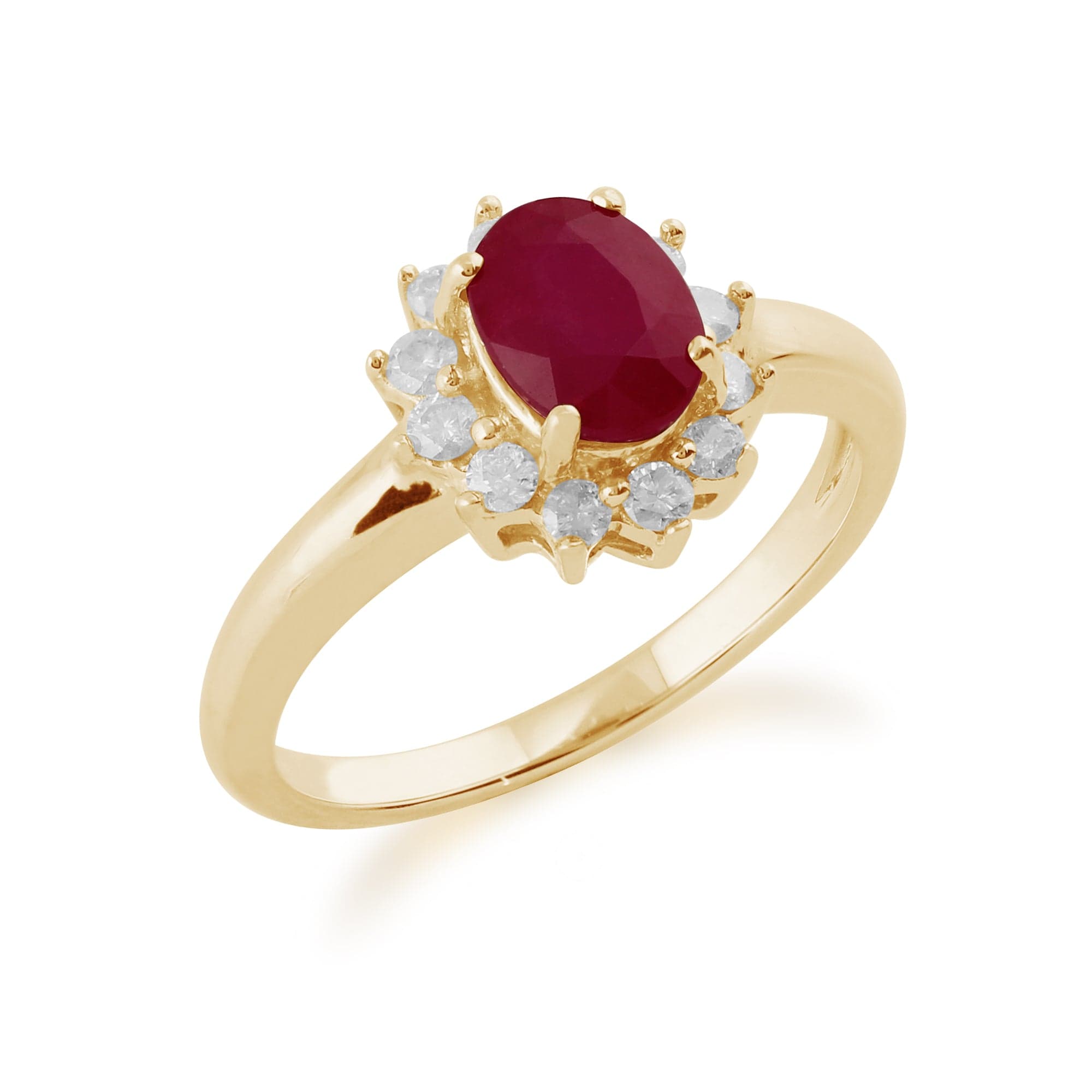 Classic Oval Ruby & Diamond Cluster Ring in 9ct Yellow Gold - Gemondo