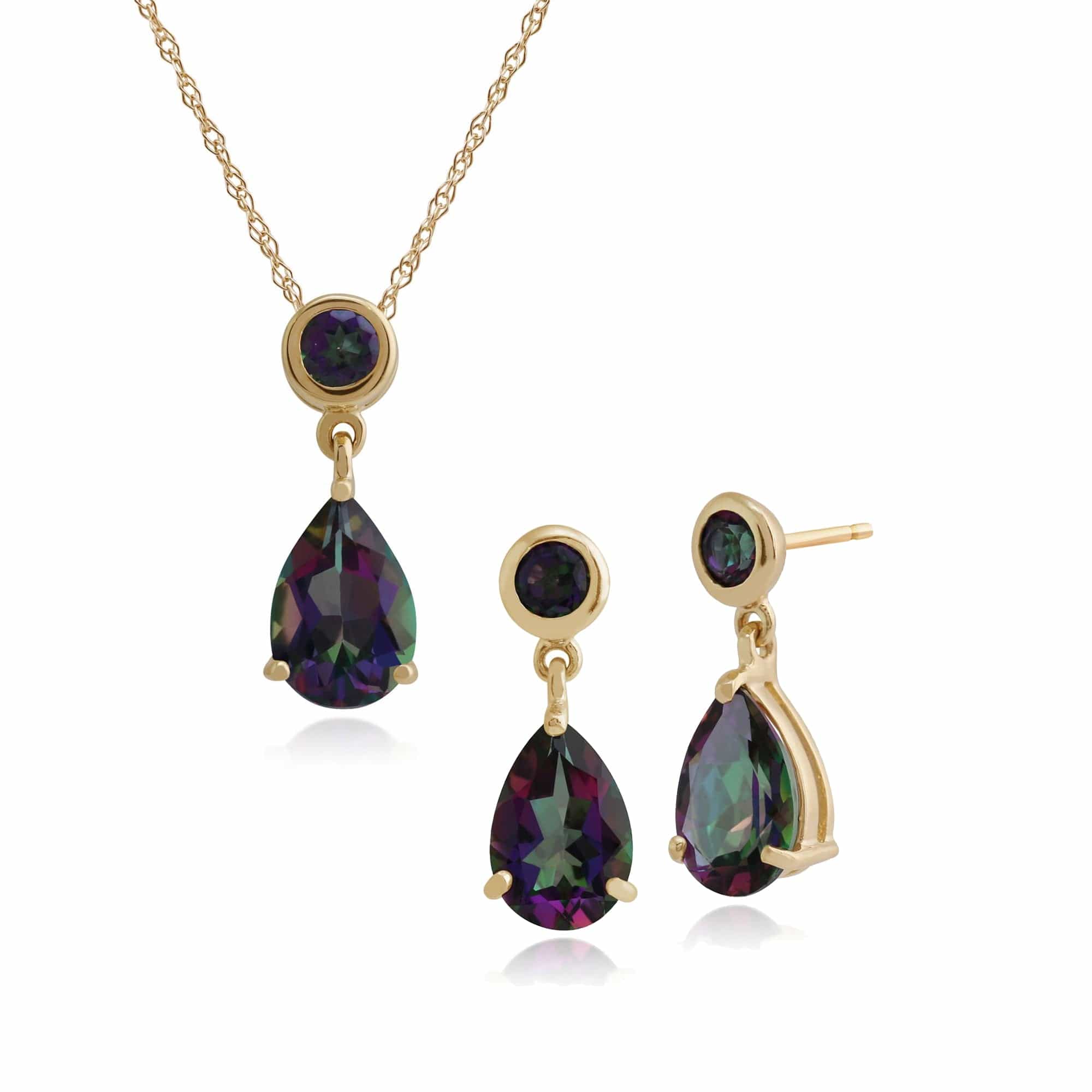 Classic Pear & Round Mystic Topaz Drop Earrings & Pendant Set in 9ct Gold - Gemondo