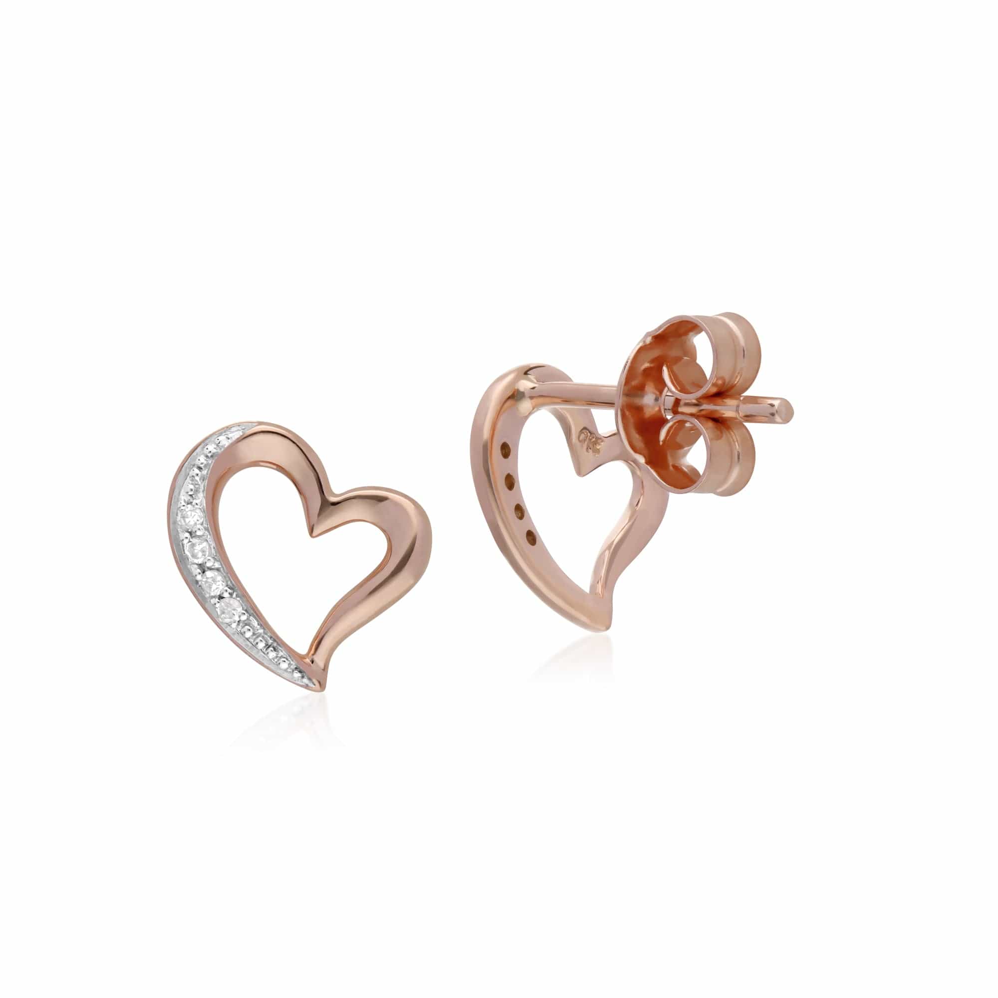 191E0386019 Classic Round Diamond Open Love Heart Stud Earrings in 9ct Rose Gold 2
