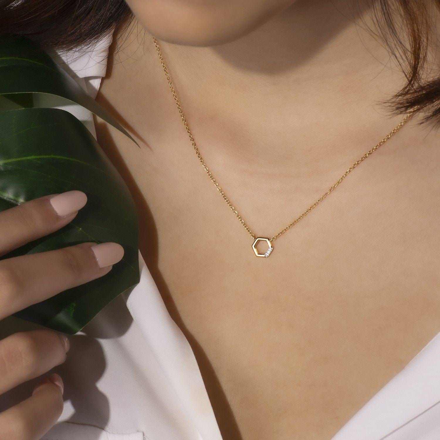 Diamond Hexagon Necklace in 9ct Yellow Gold on Model