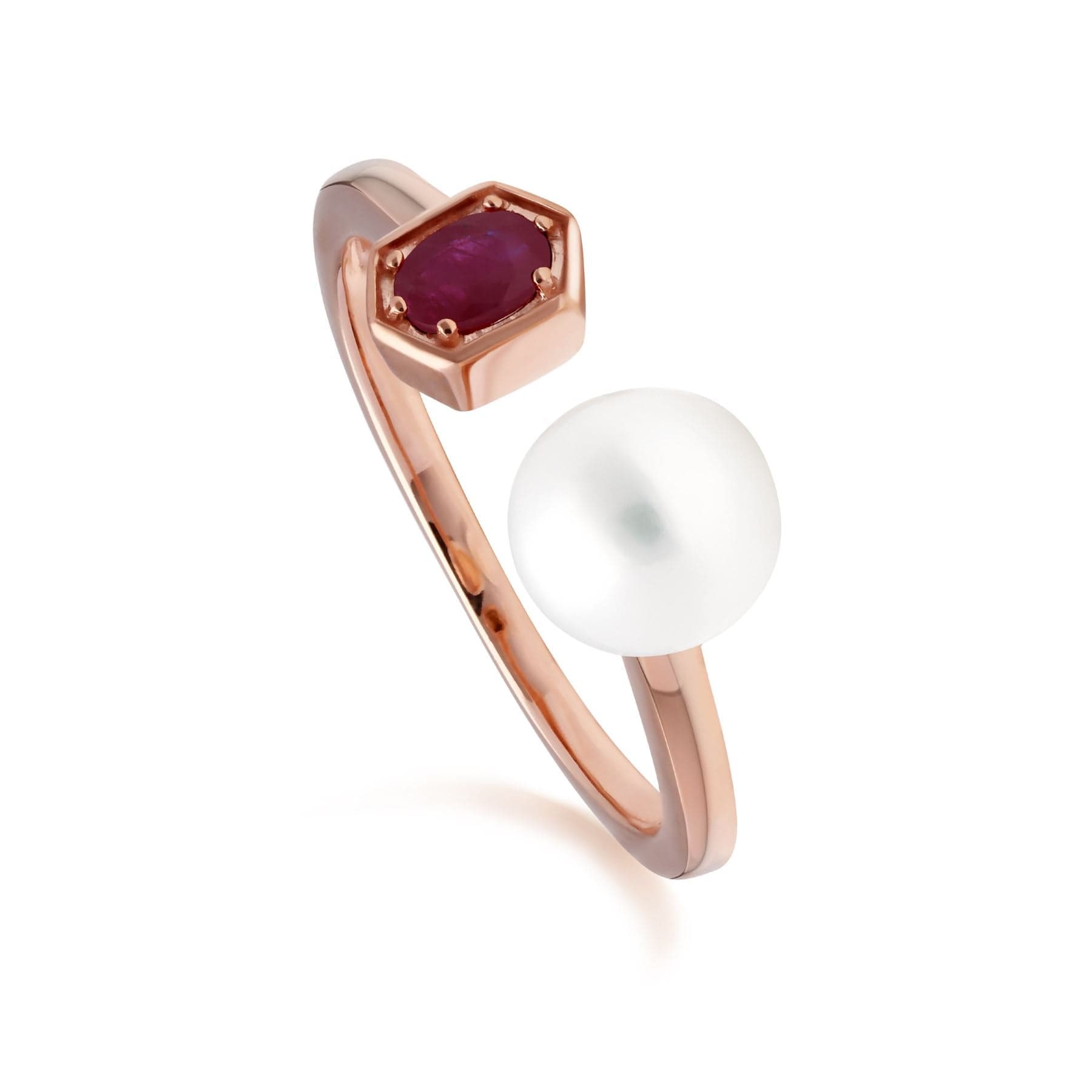 270R058902925 Modern Pearl & Ruby Open Ring in Rose Gold Plated Silver 1